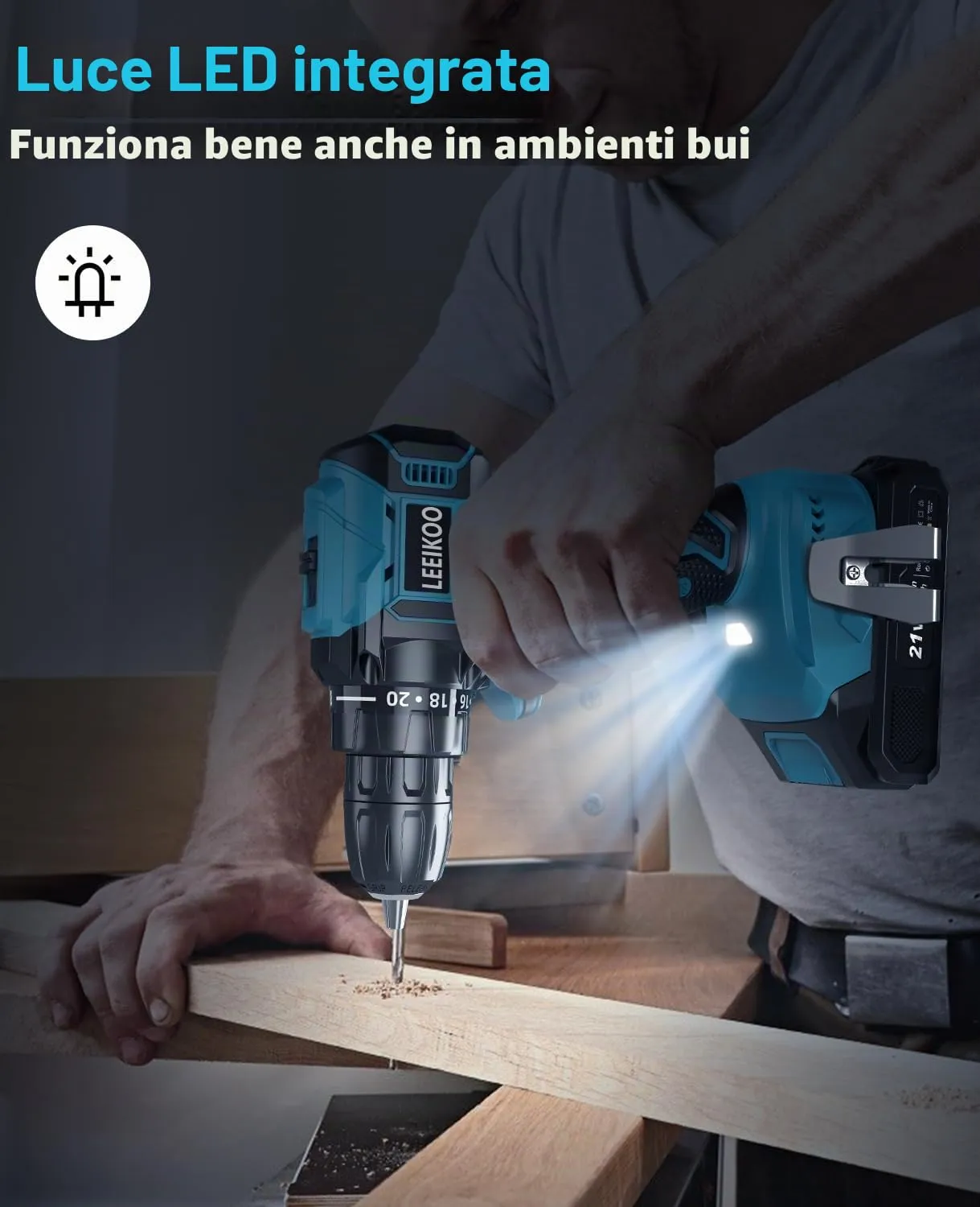 Trapano Avvitatore a Batteria LEEIKOO 21V Brushless 45N.m 2,0Ah - immagine 7