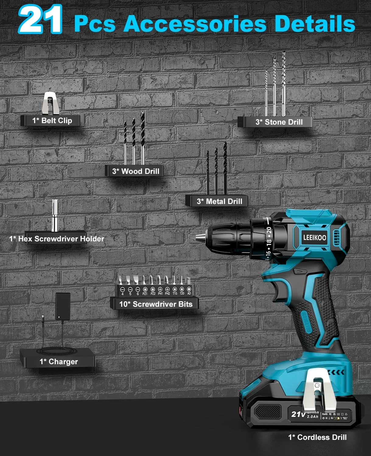 Trapano Avvitatore a Batteria LEEIKOO 21V Brushless 45N.m 2,0Ah - immagine 8