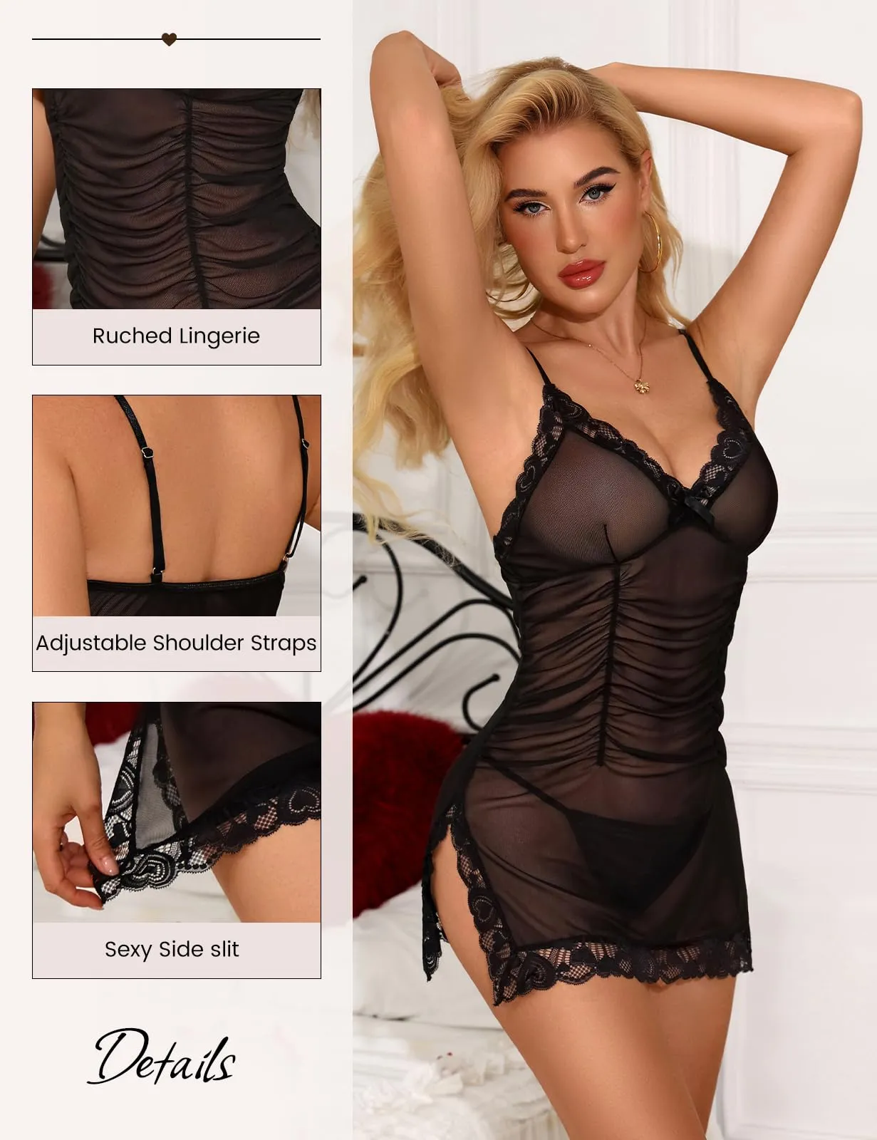 Wiepux Completo Intimo Donna Babydoll e G-string in Pizzo - immagine 2