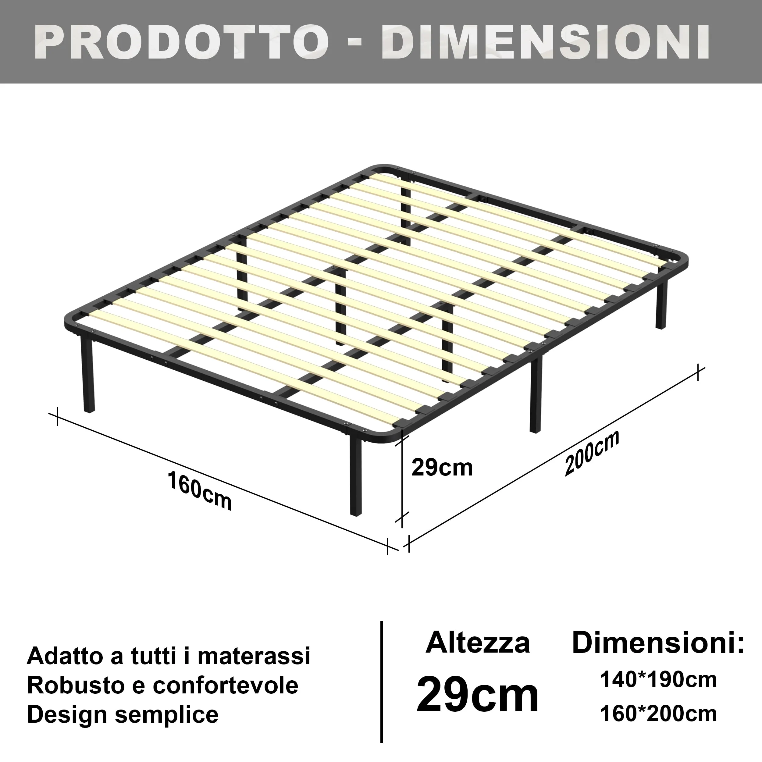DEWINNER Rete Letto Matrimoniale 160x200cm, Altezza 29 cm, 13 Doghe in Legno Pioppo Ortopedica con 8 Piedi - immagine 2
