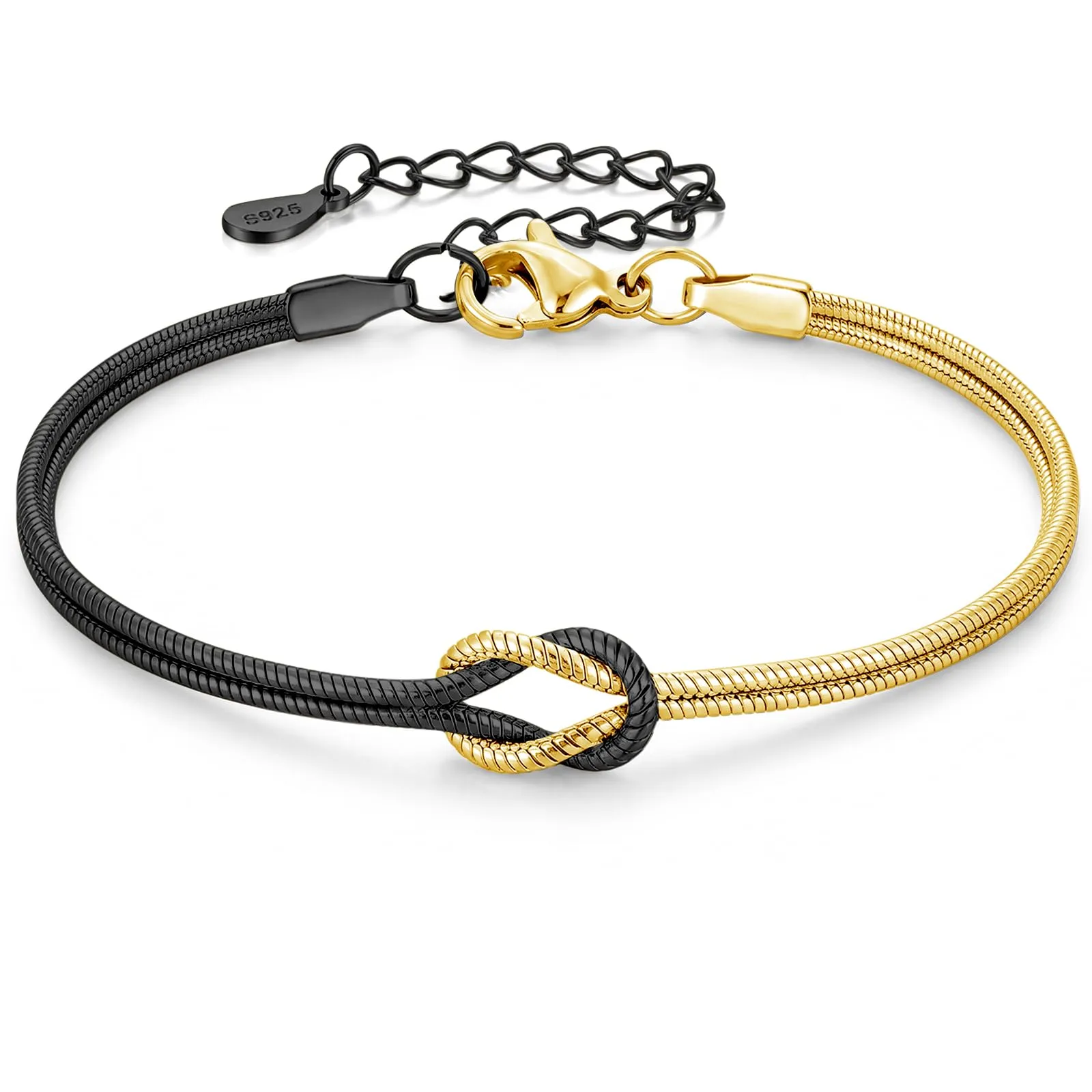 J.Fée Bracciali Coppia Nodo d'Amore in Argento 925, Oro e Nero, Regolabili 21cm - immagine 1