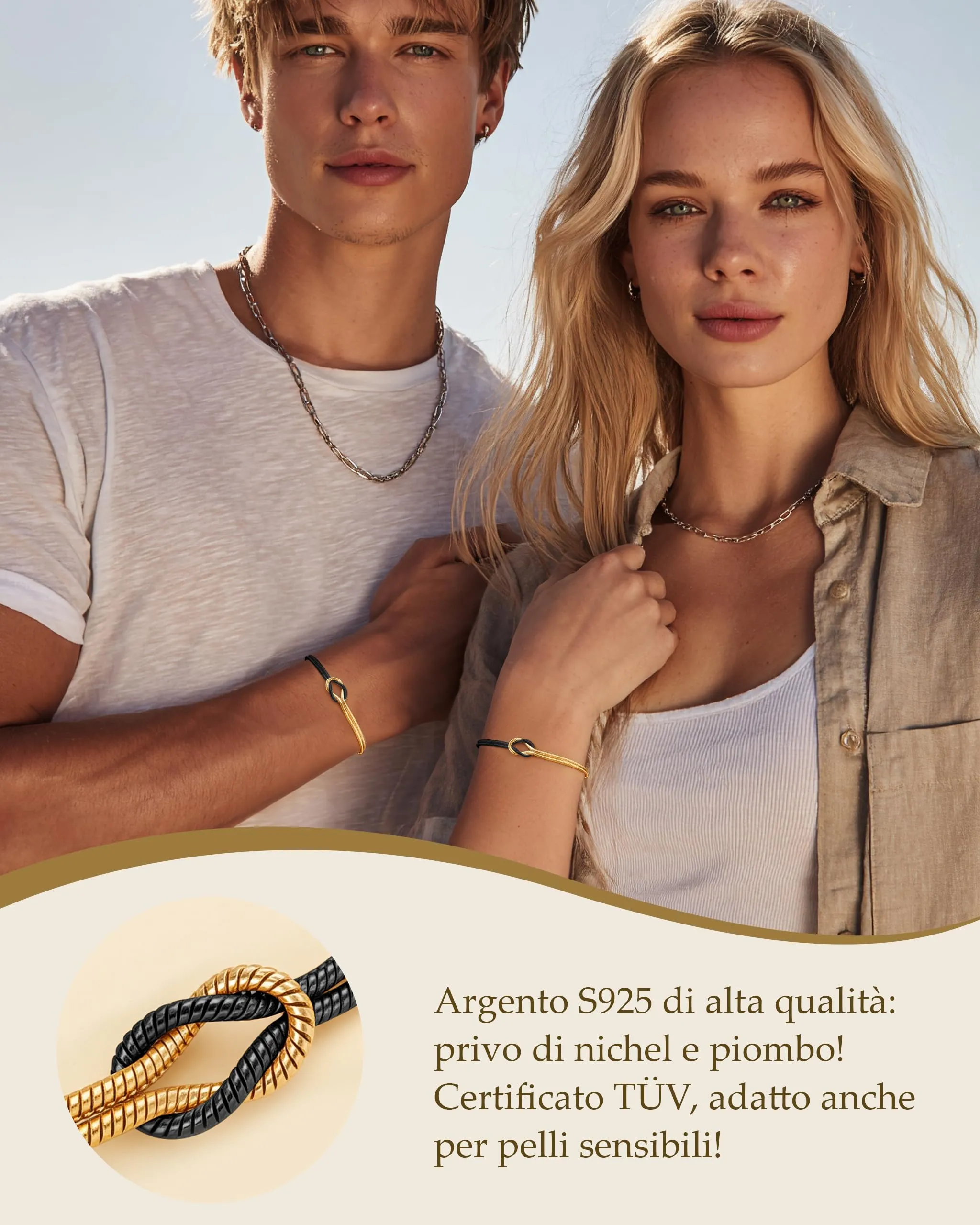 J.Fée Bracciali Coppia Nodo d'Amore in Argento 925, Oro e Nero, Regolabili 21cm - immagine 4