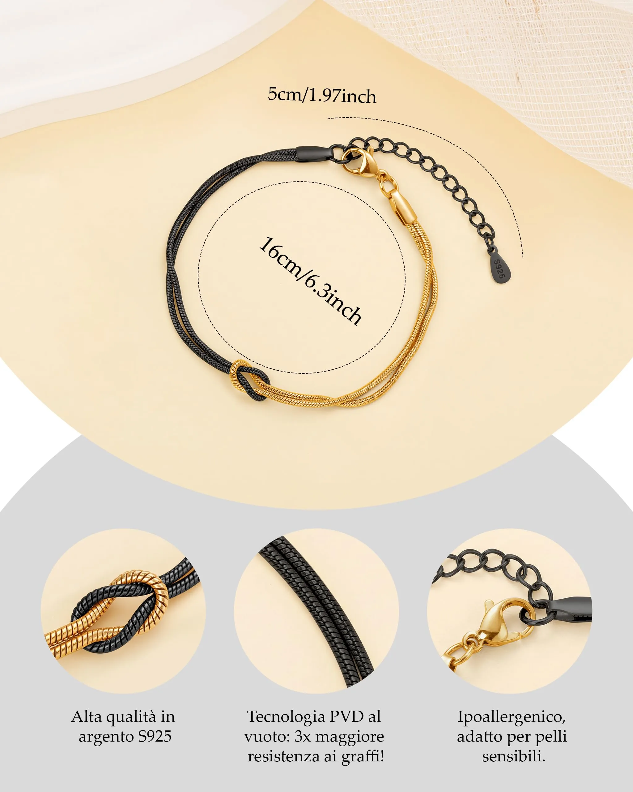 J.Fée Bracciali Coppia Nodo d'Amore in Argento 925, Oro e Nero, Regolabili 21cm - immagine 5