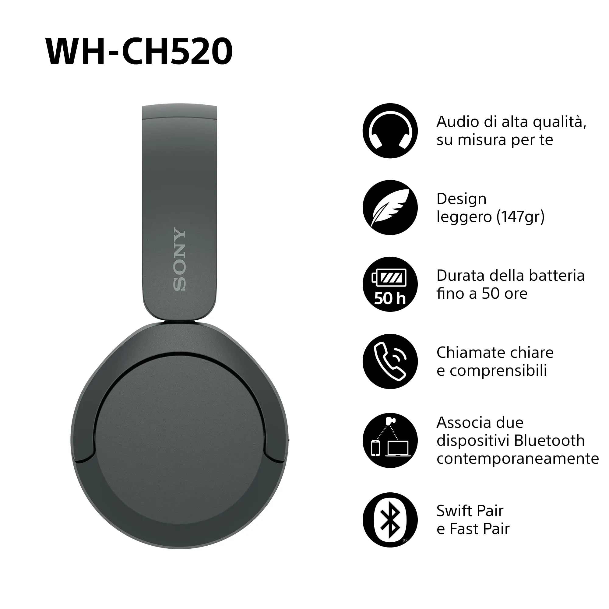 Sony WH-CH520 Cuffie Wireless - Nero - immagine 4