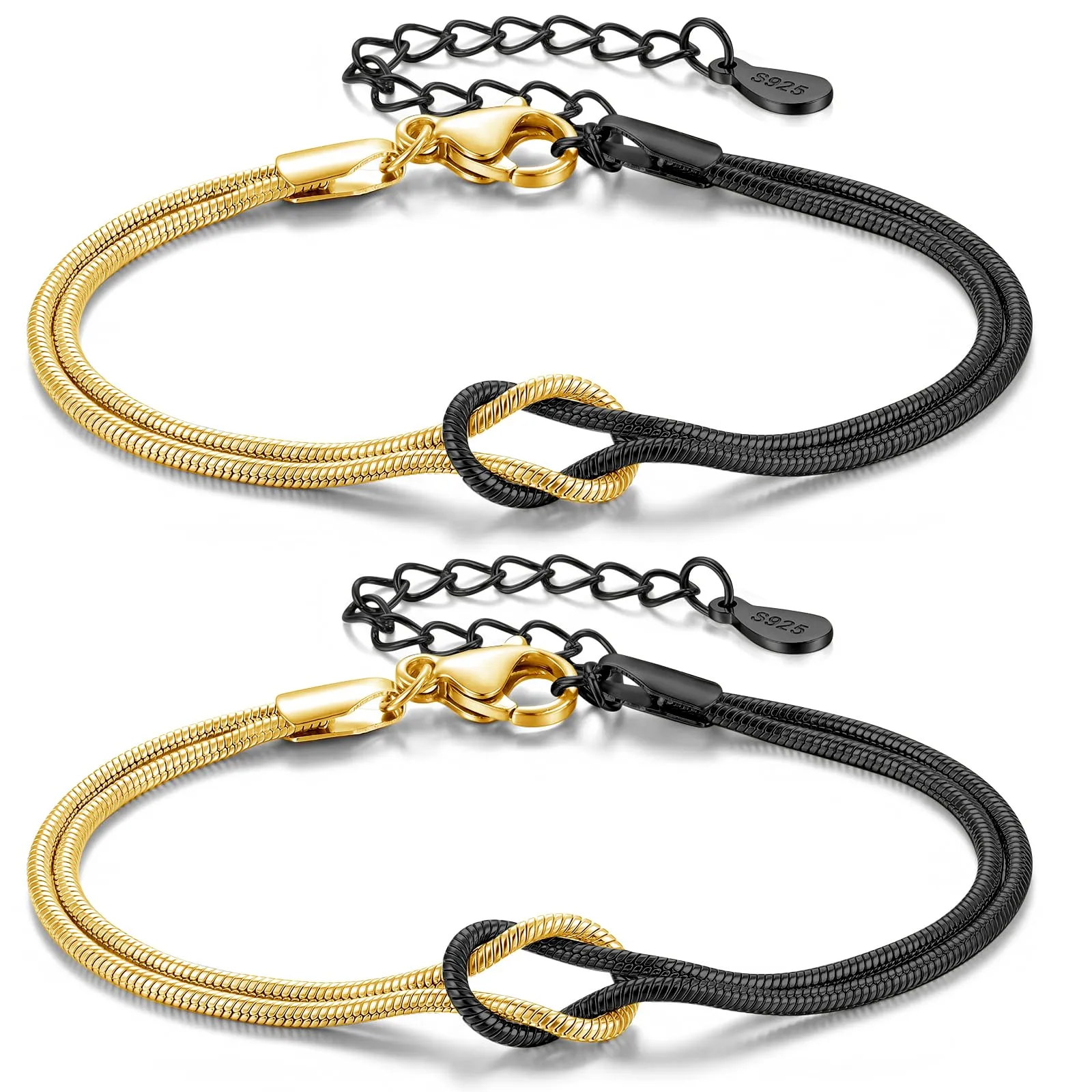 J.Fée Set di 2 Bracciali Nodo d'Amore in Argento 925 Regolabili, Argento e Nero - immagine 1