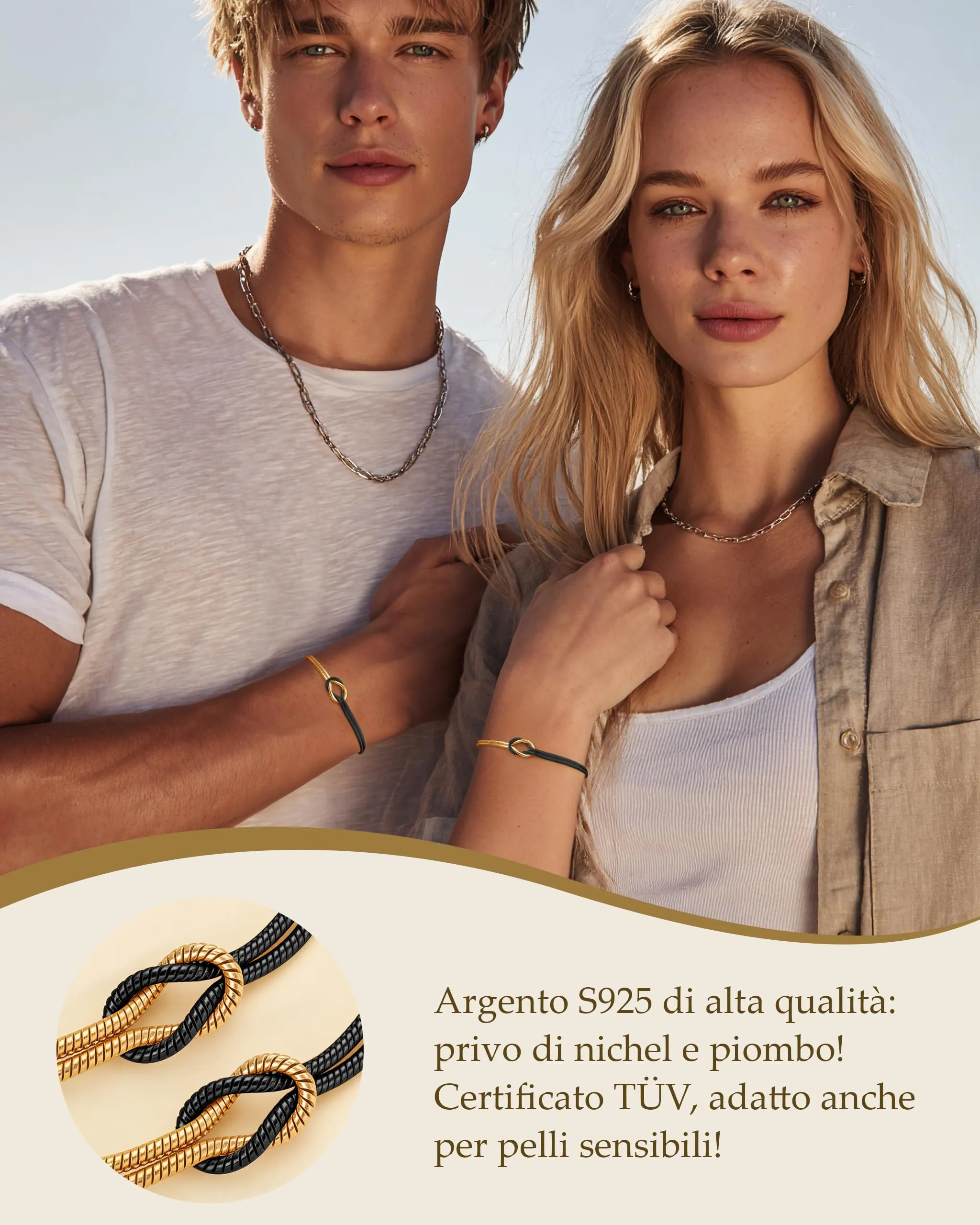 J.Fée Set di 2 Bracciali Nodo d'Amore in Argento 925 Regolabili, Argento e Nero - immagine 4