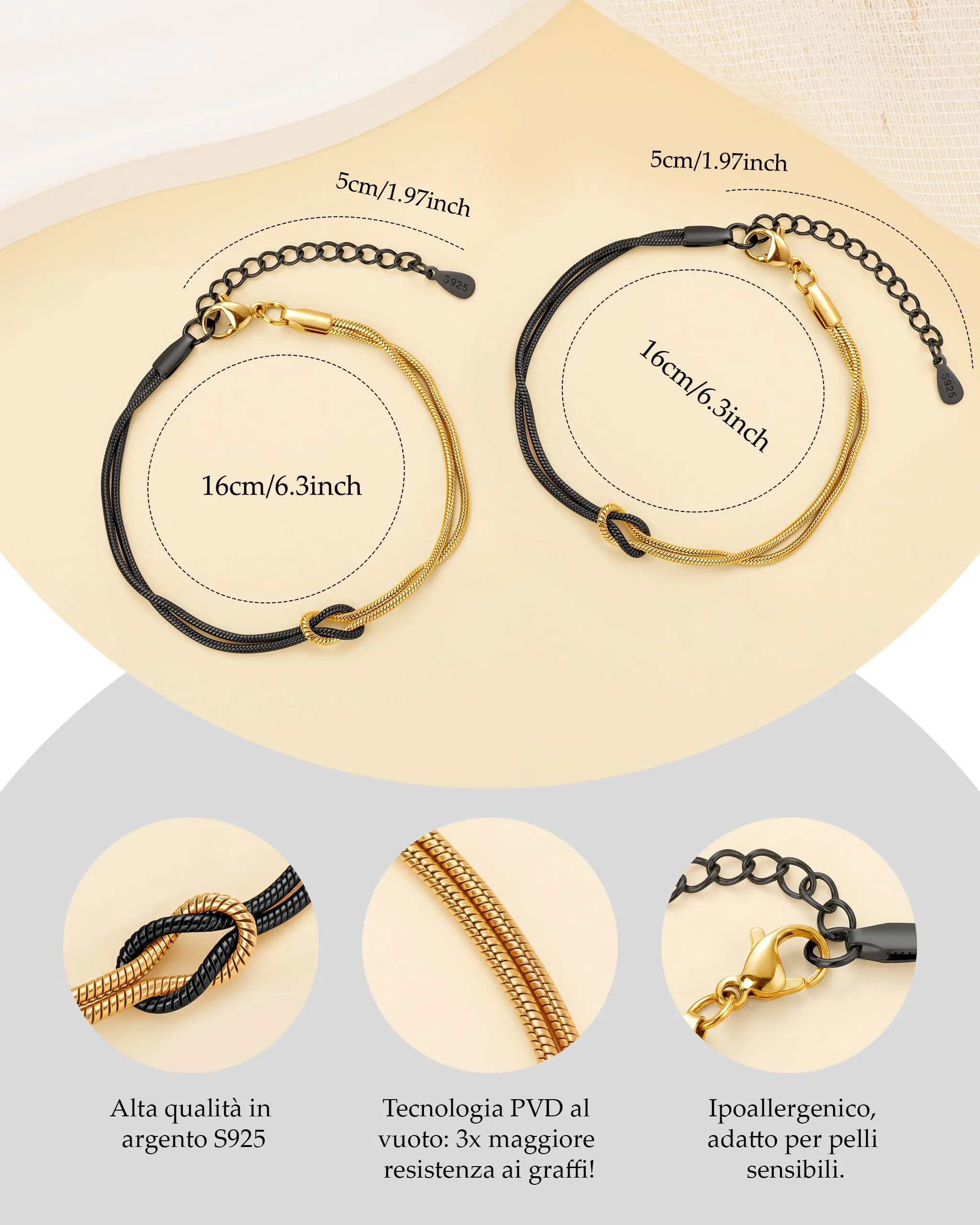 J.Fée Set di 2 Bracciali Nodo d'Amore in Argento 925 Regolabili, Argento e Nero - immagine 5
