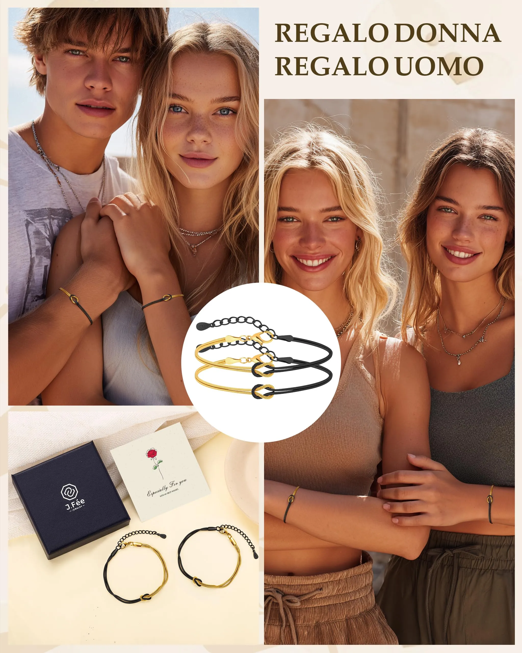 J.Fée Set di 2 Bracciali Nodo d'Amore in Argento 925 Regolabili, Argento e Nero - immagine 6