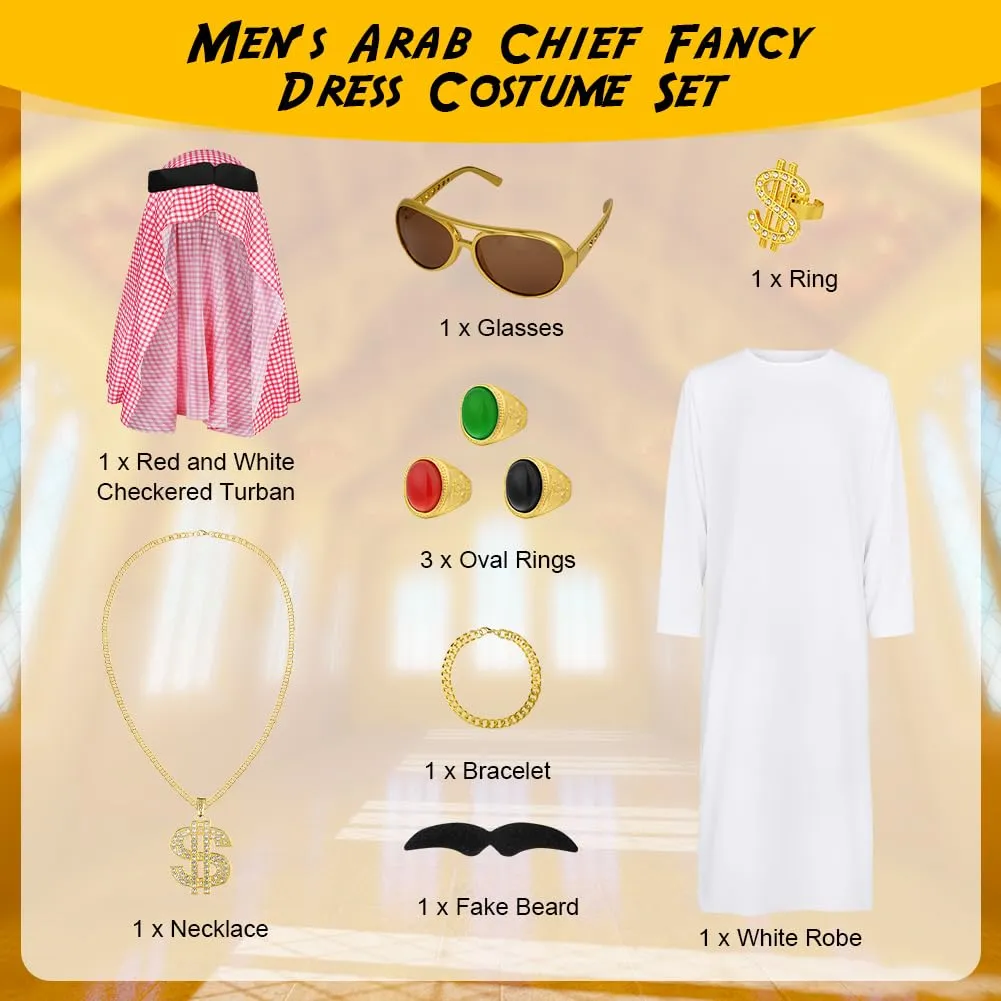 BSBUY Costume Arabo da Uomo Sceicco, Set 10 Pezzi con Turbante, Barba e Occhiali, Veste Bianca - immagine 3