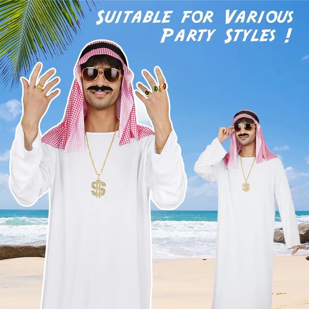 BSBUY Costume Arabo da Uomo Sceicco, Set 10 Pezzi con Turbante, Barba e Occhiali, Veste Bianca - immagine 4