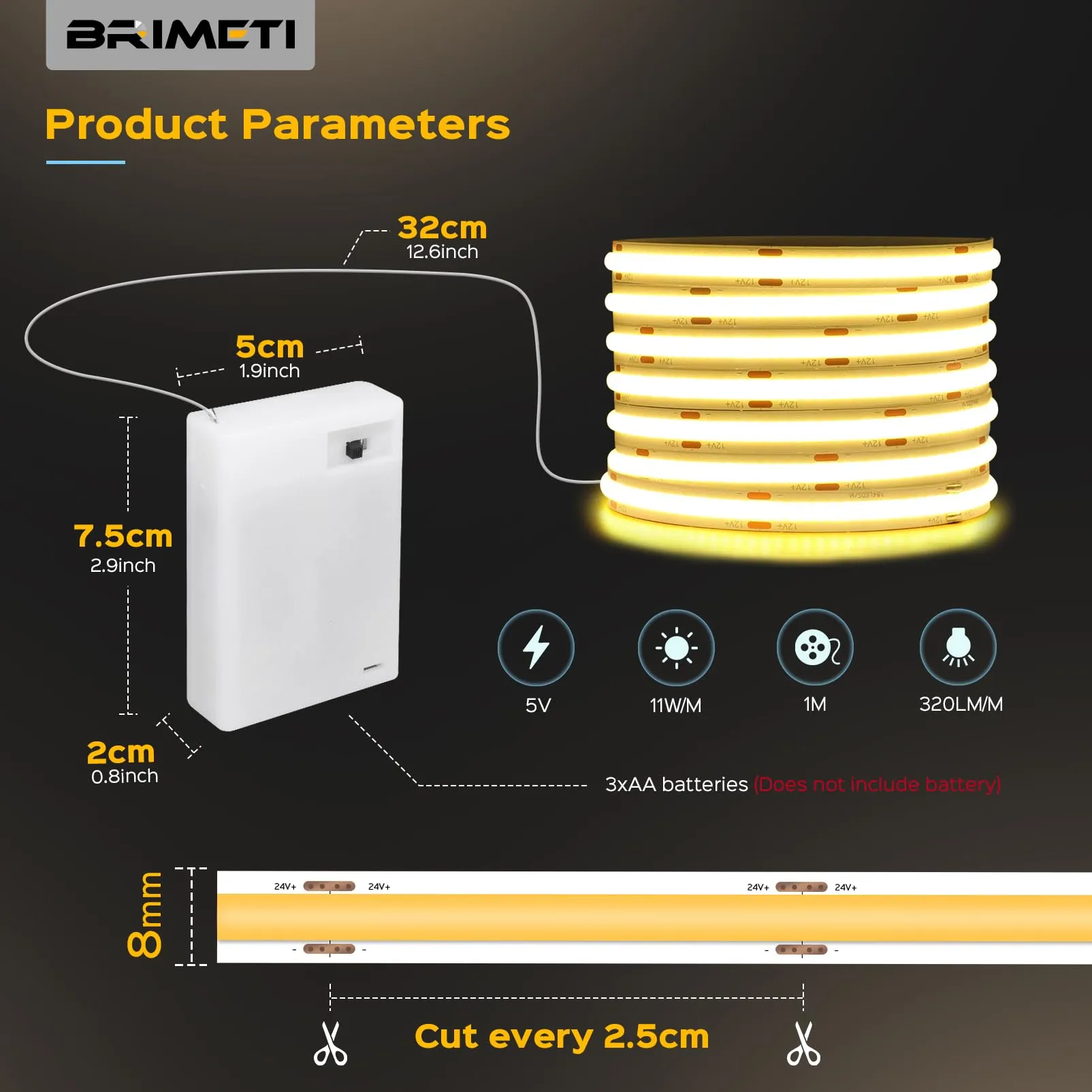 BRIMETI Striscia LED COB a Batteria 5V 1M Bianco Freddo 6000K 320LEDs/M Autoadesiva - immagine 2