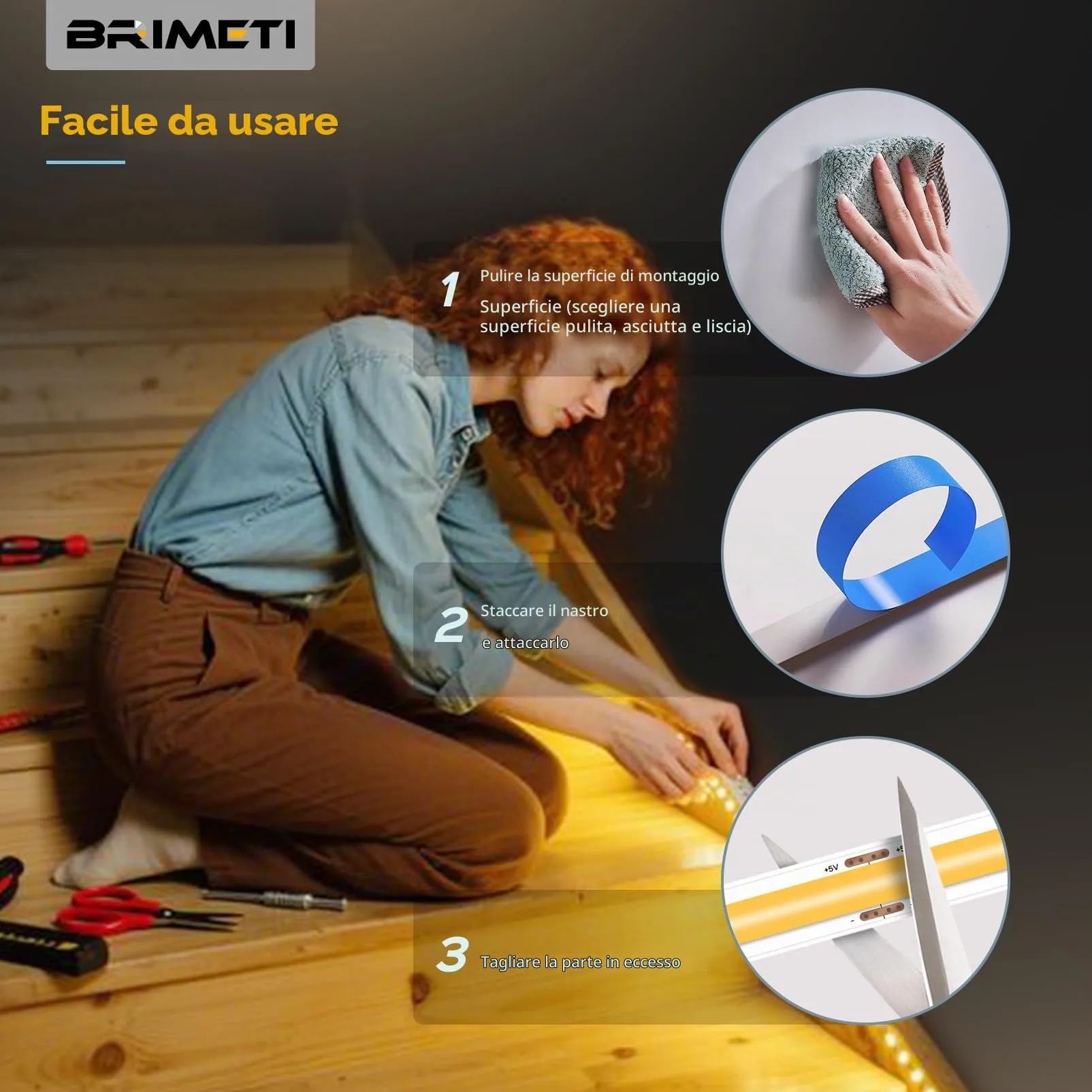 BRIMETI Striscia LED COB a Batteria 5V 2M Bianco Freddo 6000K 320LEDs/M Autoadesiva - immagine 5