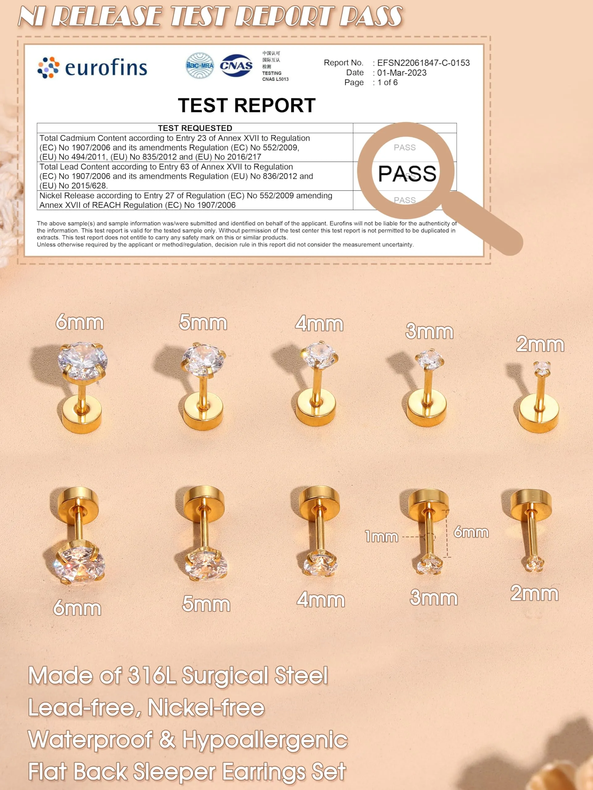 CASSIECA Set 5 Paia Orecchini Acciaio Chirurgico 316L con Zirconi CZ 2/3/4/5/6mm per Donna Uomo, Oro e Argento - immagine 5