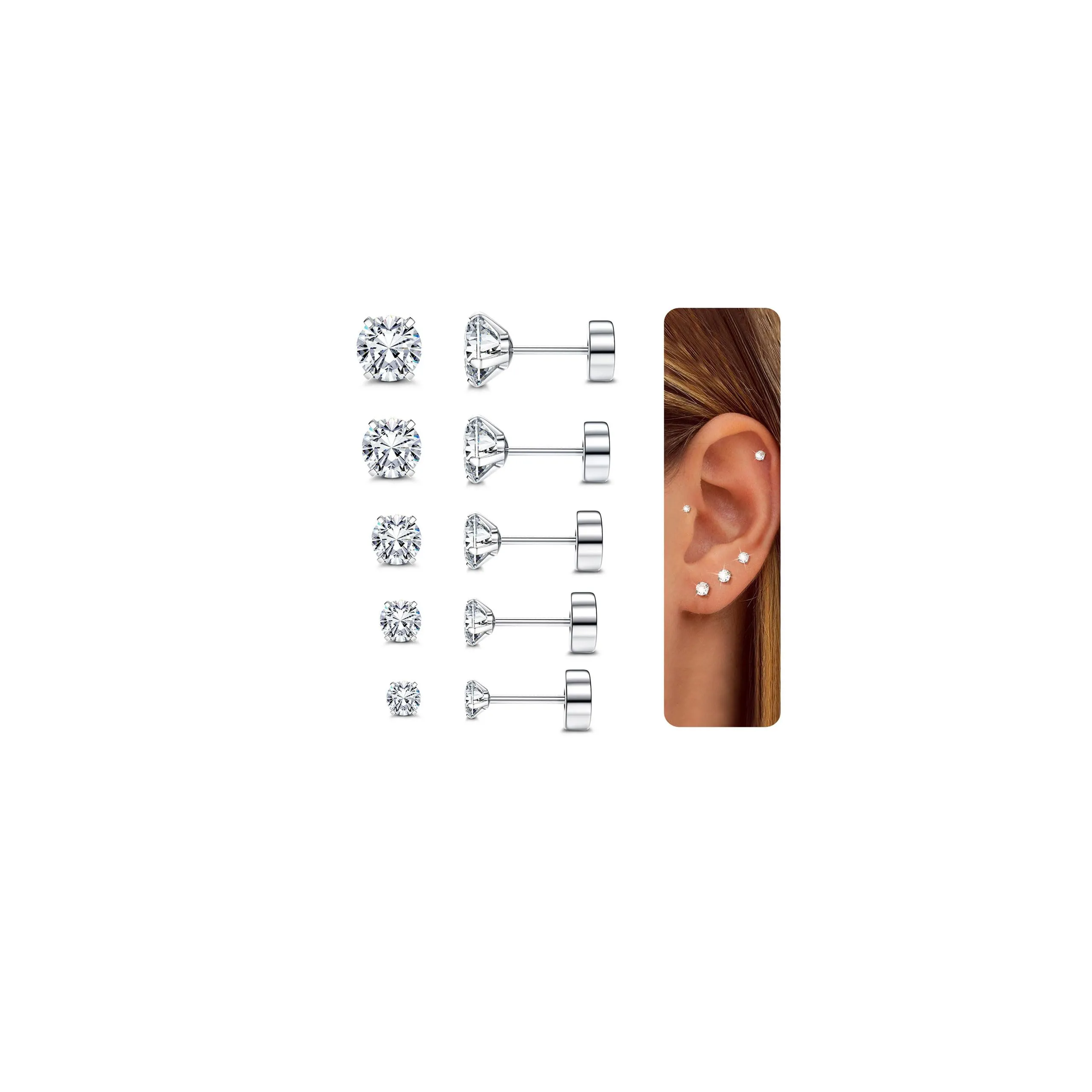 CASSIECA Set di 5 Paia di Orecchini in Acciaio Chirurgico con Zirconi, 2/3/4/5/6mm, Argento - immagine 1