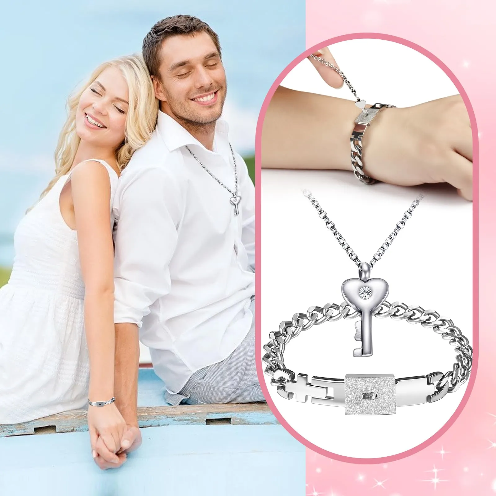 Flongo Set Collana e Bracciale per Coppia con Lucchetto e Chiave, Acciaio Inossidabile Argento - immagine 3