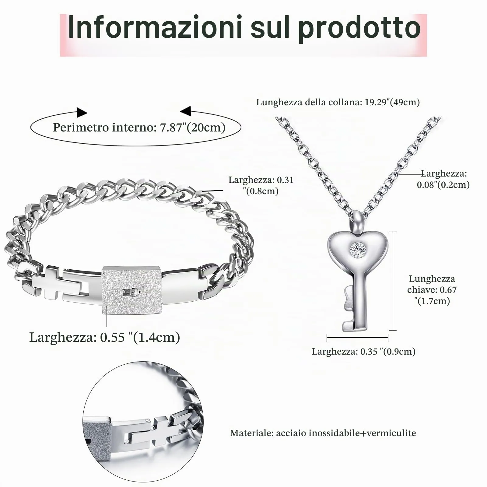 Flongo Set Collana e Bracciale per Coppia con Lucchetto e Chiave, Acciaio Inossidabile Argento - immagine 7