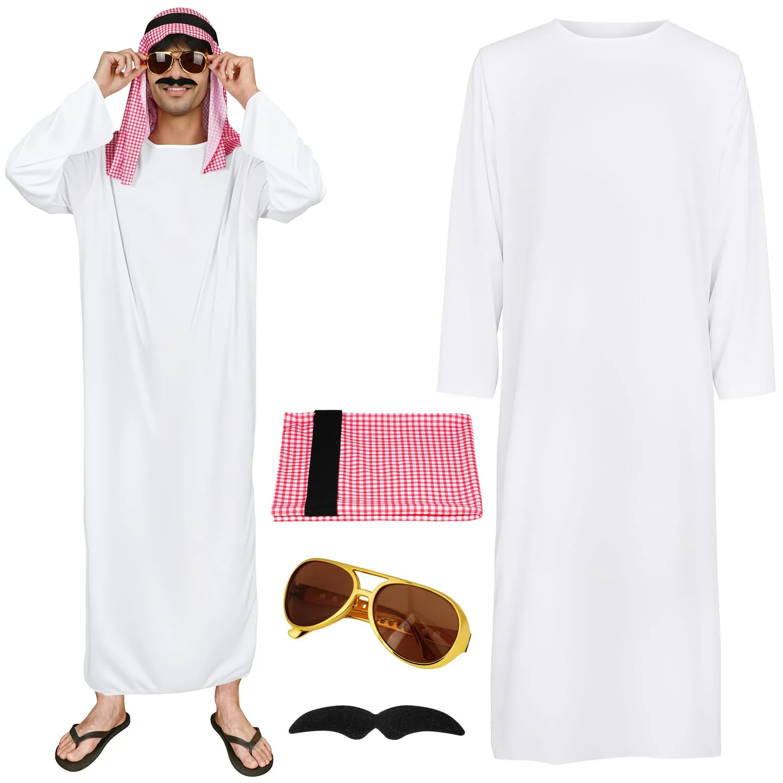 BSBUY Costume Arabo da Uomo, Set da 4 Pezzi con Turbante, Barba e Occhiali, Taglia L, Bianco - immagine 1