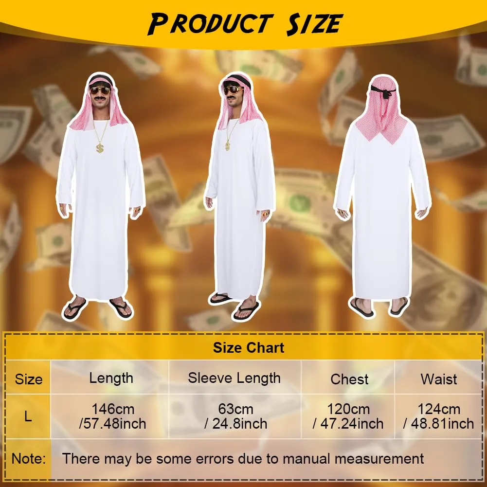 BSBUY Costume Arabo da Uomo, Set da 4 Pezzi con Turbante, Barba e Occhiali, Taglia L, Bianco - immagine 2