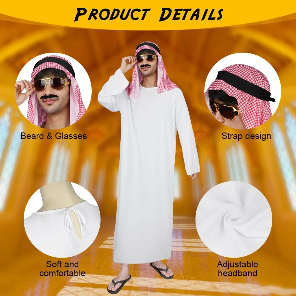BSBUY Costume Arabo da Uomo, Set da 4 Pezzi con Turbante, Barba e Occhiali, Taglia L, Bianco - immagine 3