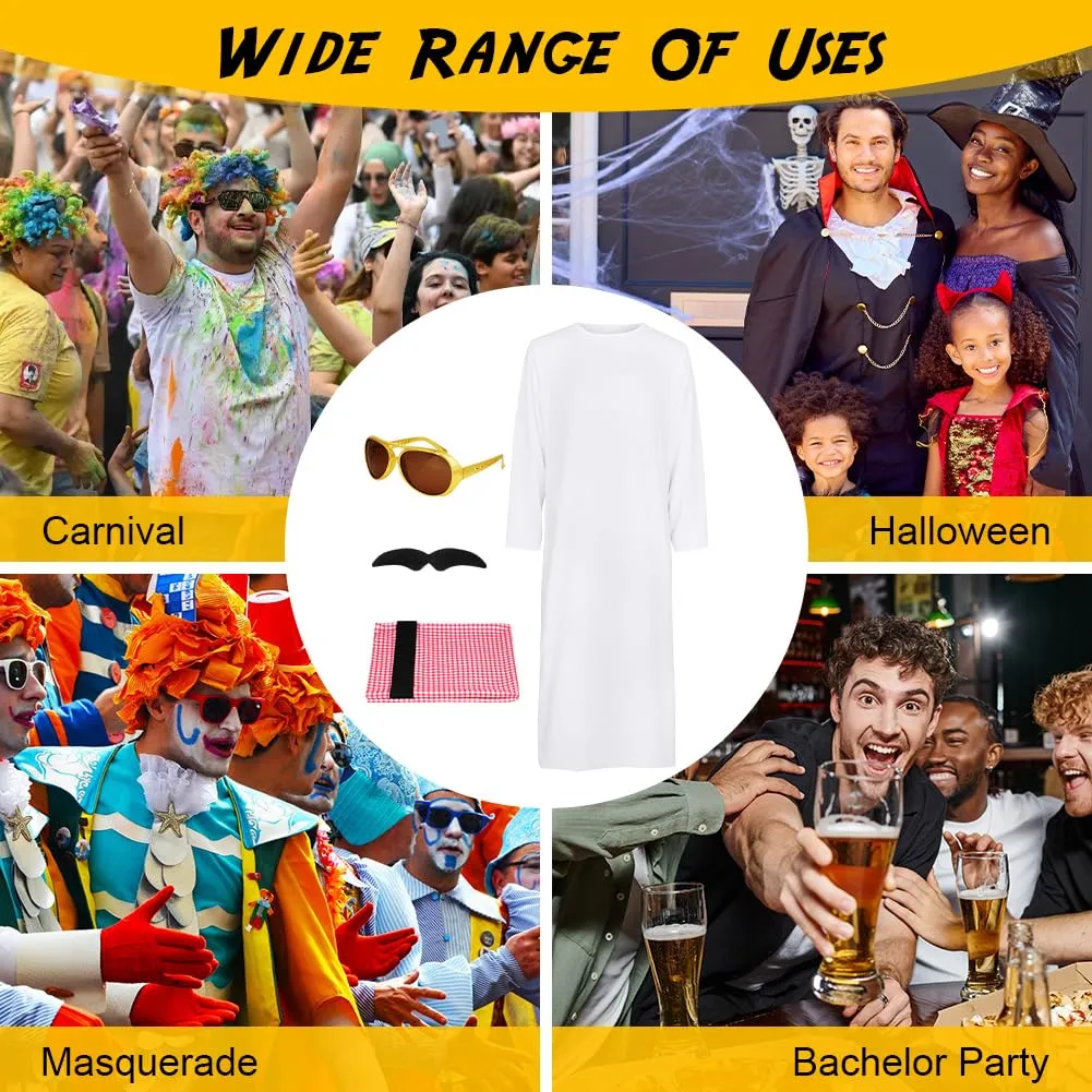 BSBUY Costume Arabo da Uomo, Set da 4 Pezzi con Turbante, Barba e Occhiali, Taglia L, Bianco - immagine 6