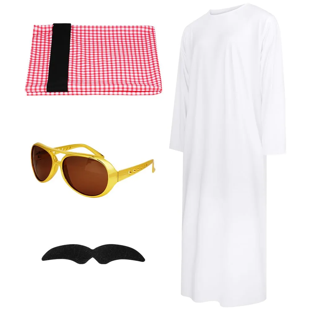 BSBUY Costume Arabo da Uomo, Set da 4 Pezzi con Turbante, Barba e Occhiali, Taglia L, Bianco - immagine 7