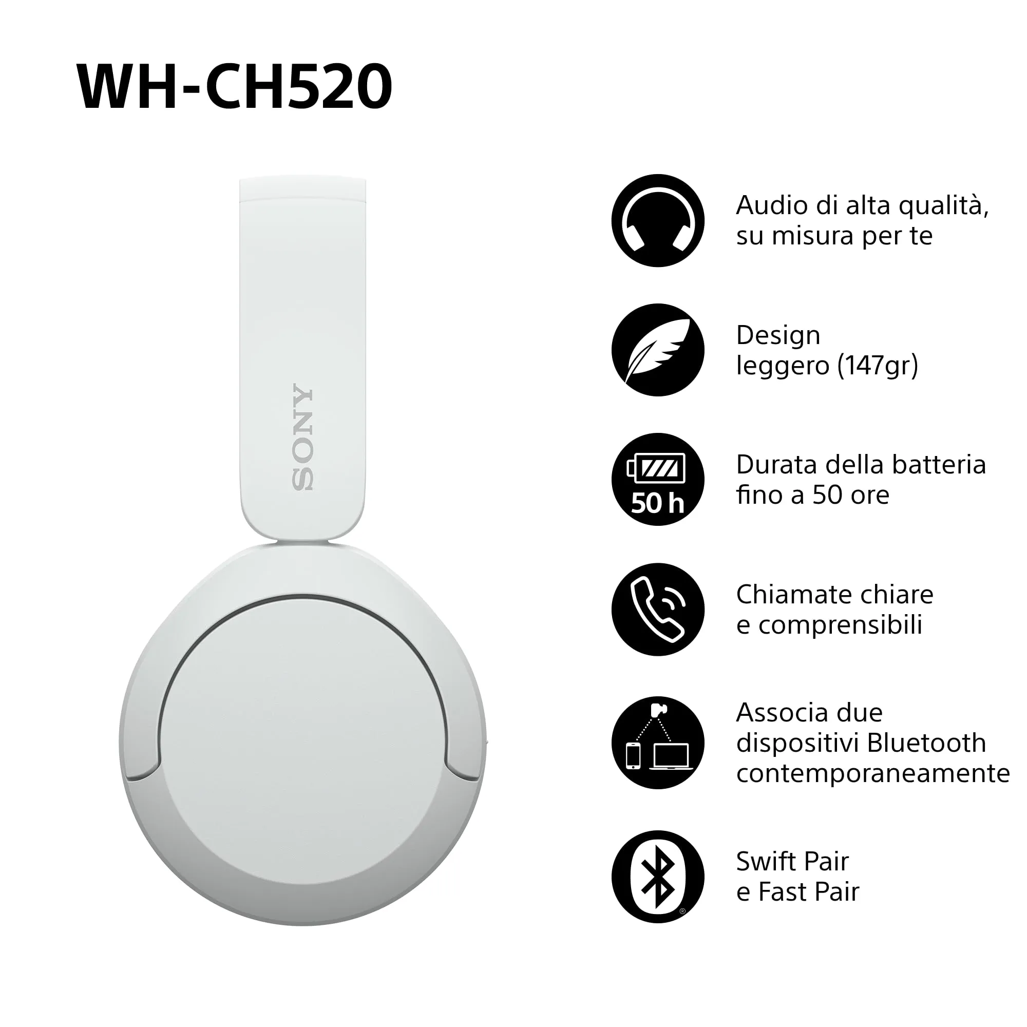 Sony WH-CH520 Cuffie Wireless - Bianco - immagine 3
