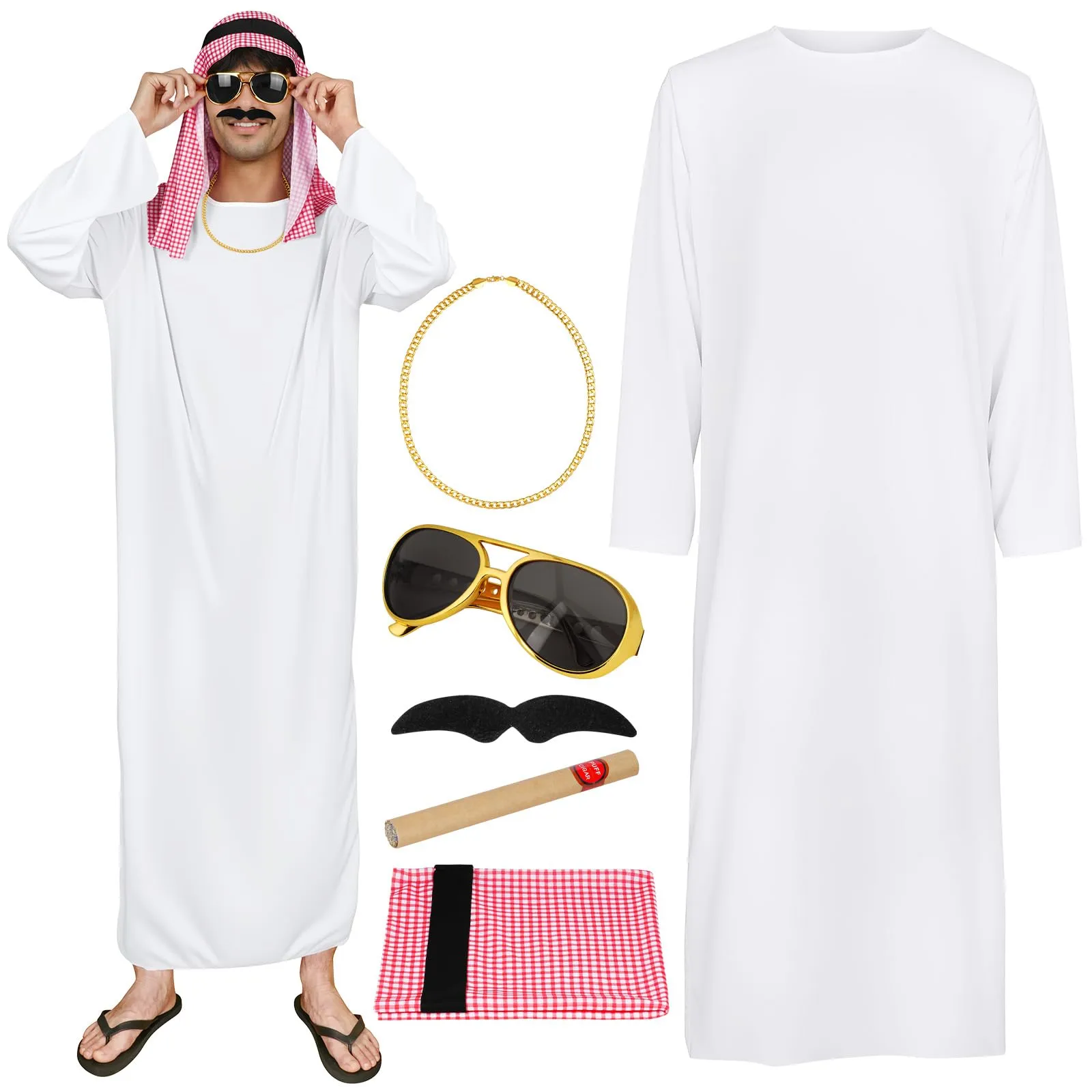 BSBUY Costume da Sceicco Arabo da Uomo, Set da 6 Pezzi, Bianco - immagine 1