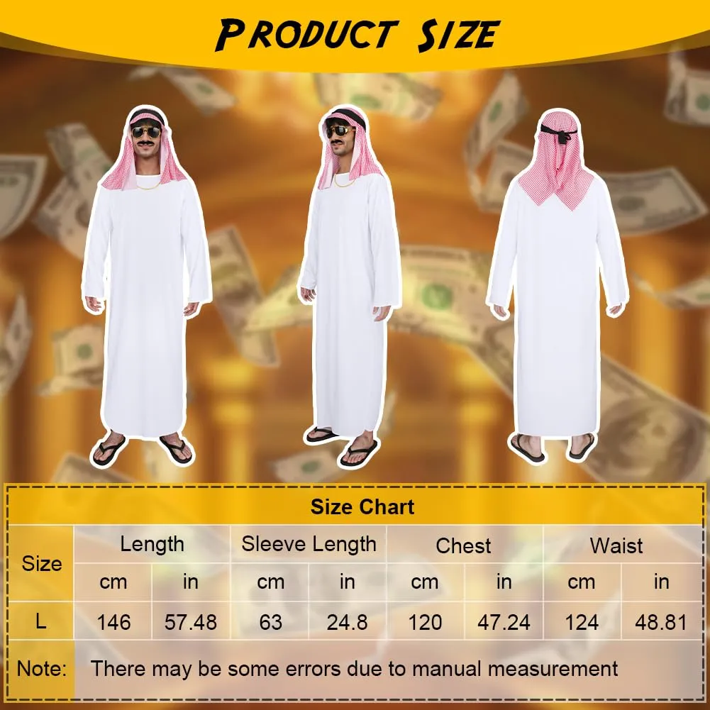 BSBUY Costume da Sceicco Arabo da Uomo, Set da 6 Pezzi, Bianco - immagine 2