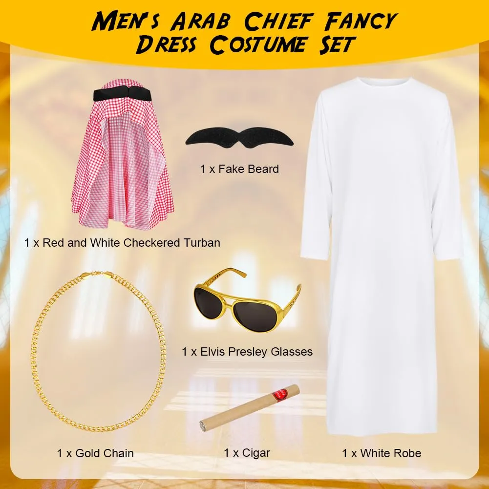 BSBUY Costume da Sceicco Arabo da Uomo, Set da 6 Pezzi, Bianco - immagine 3