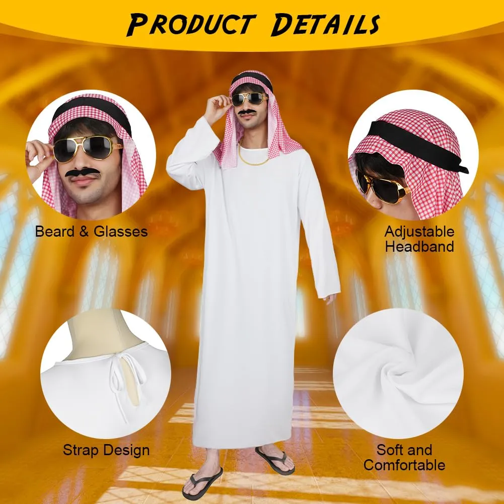 BSBUY Costume da Sceicco Arabo da Uomo, Set da 6 Pezzi, Bianco - immagine 4