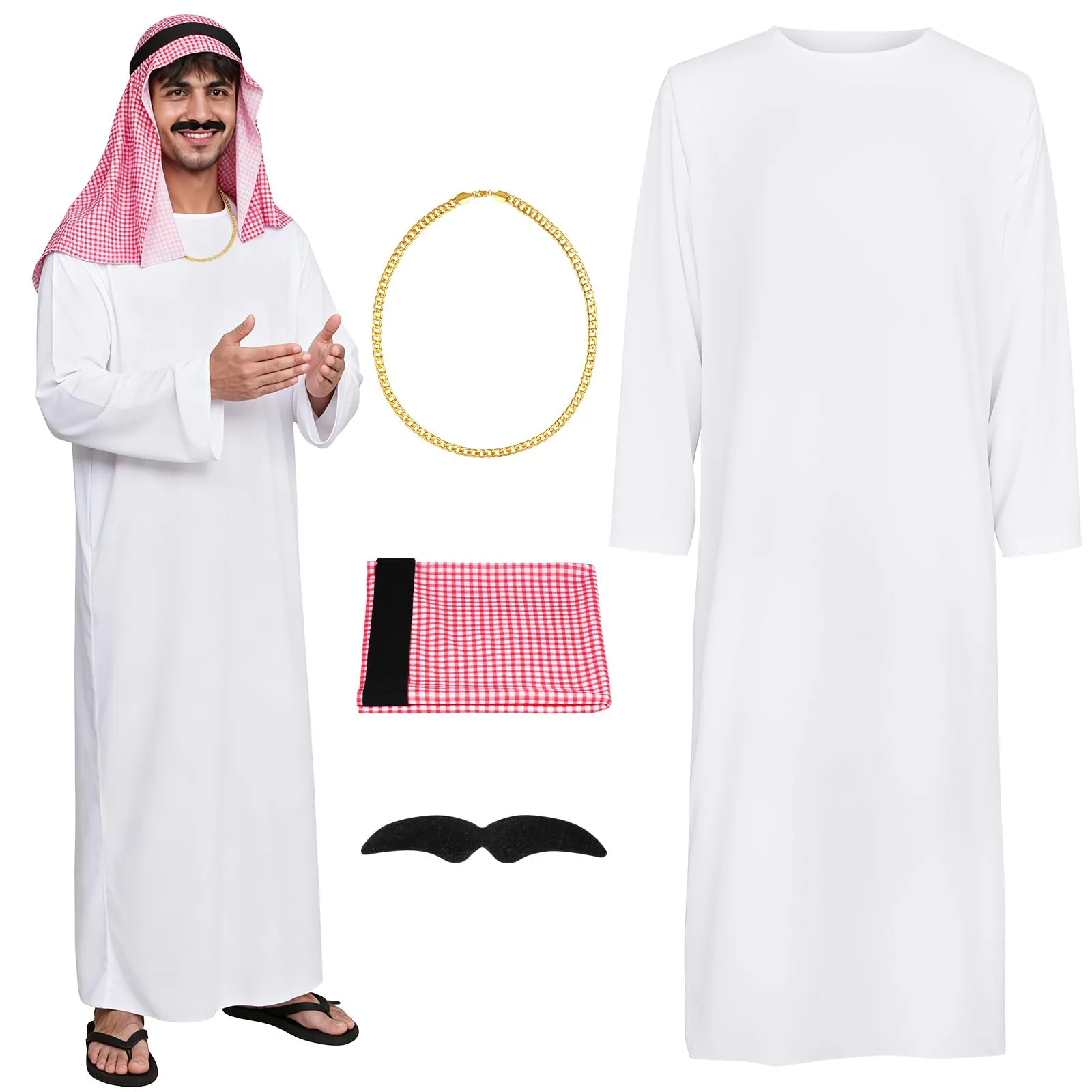BSBUY Costume da Sceicco Arabo da Uomo, Set da 4 Pezzi, Bianco - immagine 1
