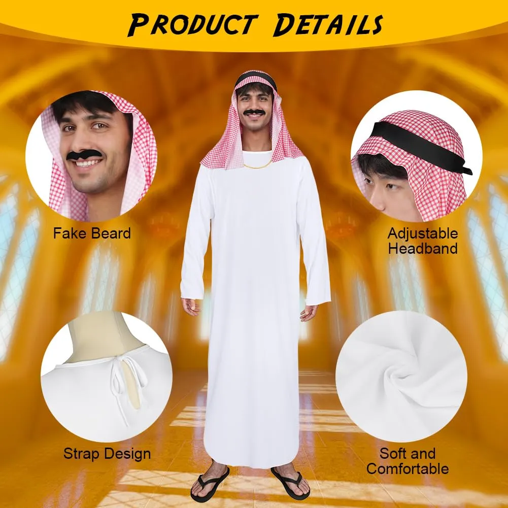 BSBUY Costume da Sceicco Arabo da Uomo, Set da 4 Pezzi, Bianco - immagine 4