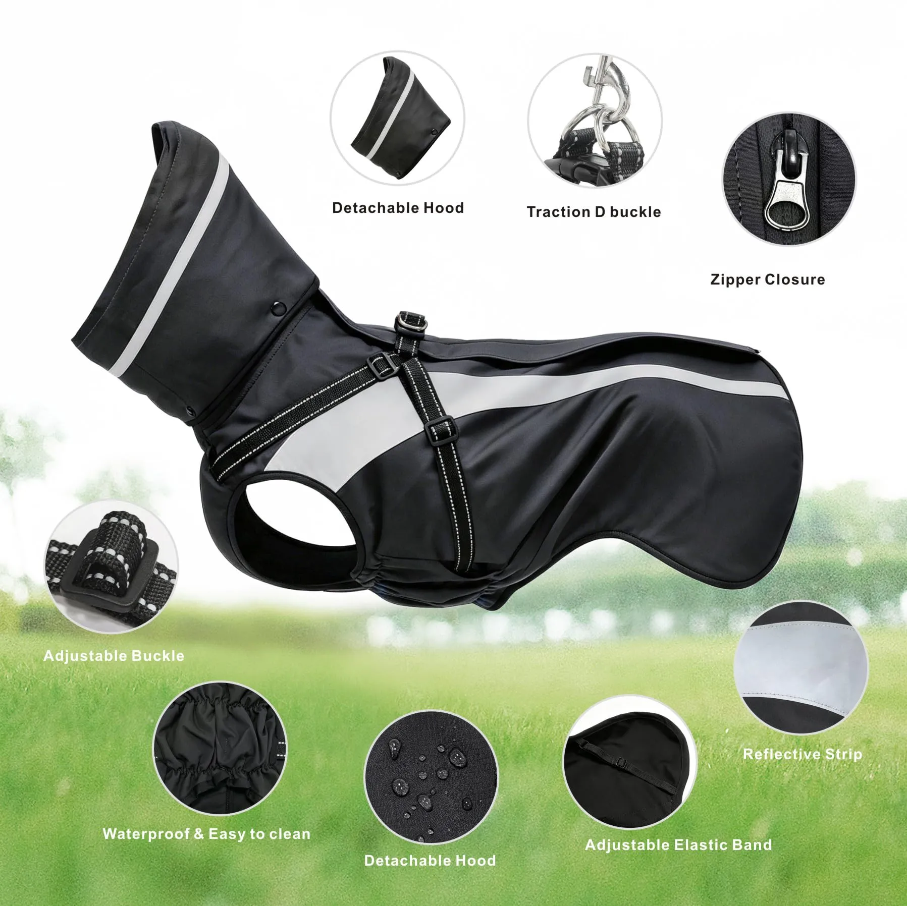 Oslueidy Impermeabile per Cani con Cappuccio Rimovibile e Cinturina Riflettente, Nero, XL - immagine 7