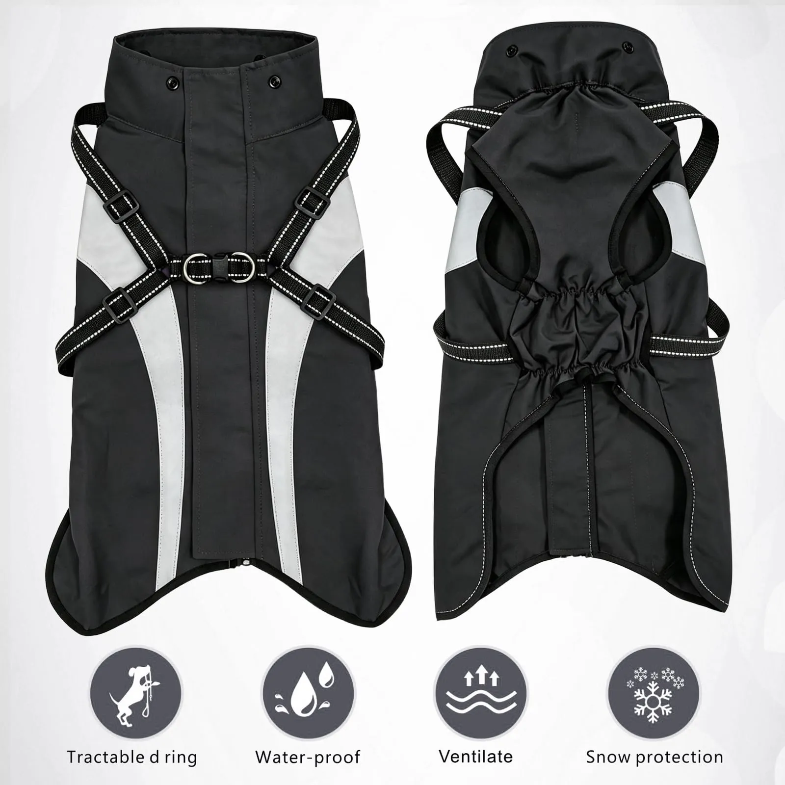 Oslueidy Impermeabile per Cani con Cappuccio Rimovibile e Fascia Riflettente, Nero, M - immagine 6