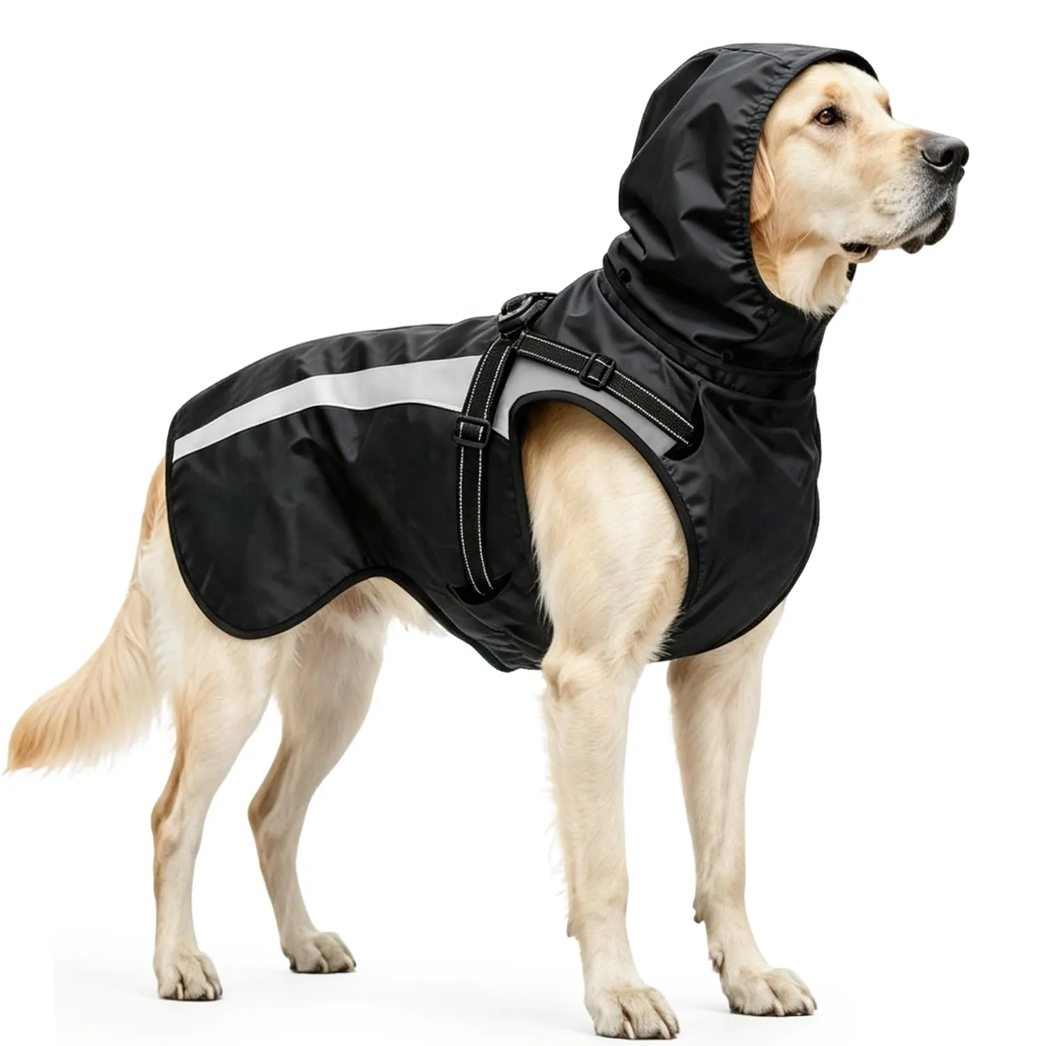 Oslueidy Impermeabile per Cani con Cappuccio Rimovibile e Cinturina Riflettente, Nero, L - immagine 1