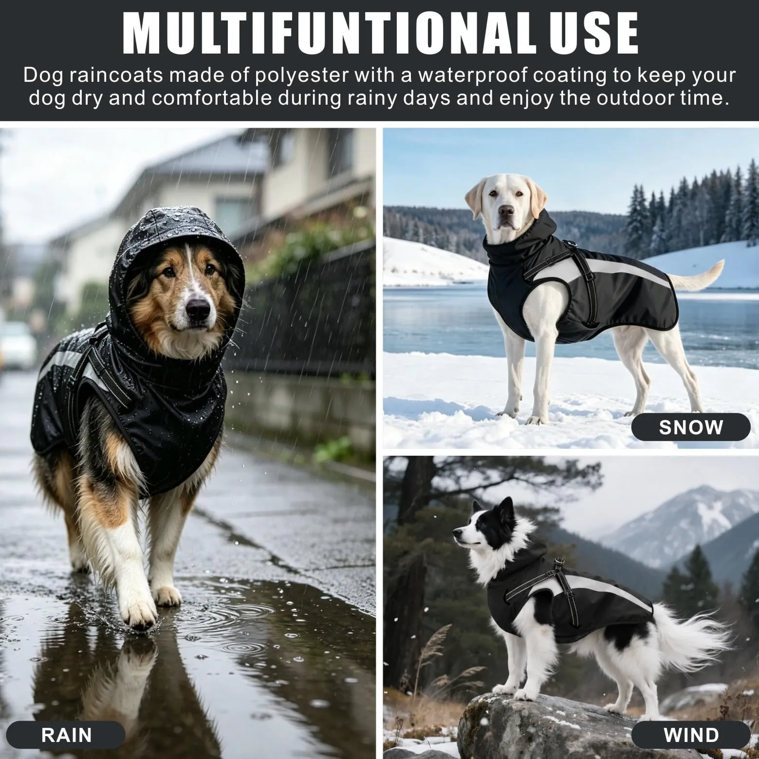 Oslueidy Impermeabile per Cani con Cappuccio Rimovibile e Cinturina Riflettente, Nero, L - immagine 3