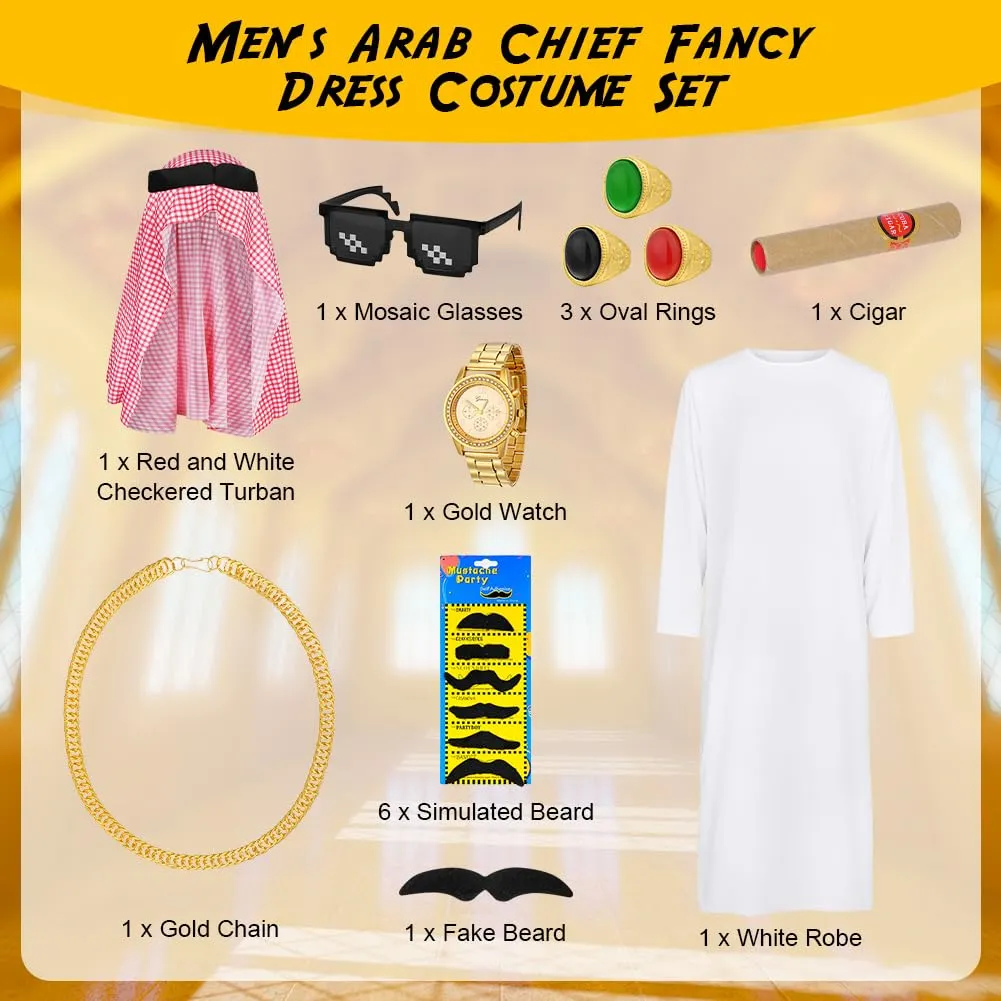BSBUY Costume da Sceicco Arabo da Uomo, Set da 16 Pezzi, Bianco - immagine 3