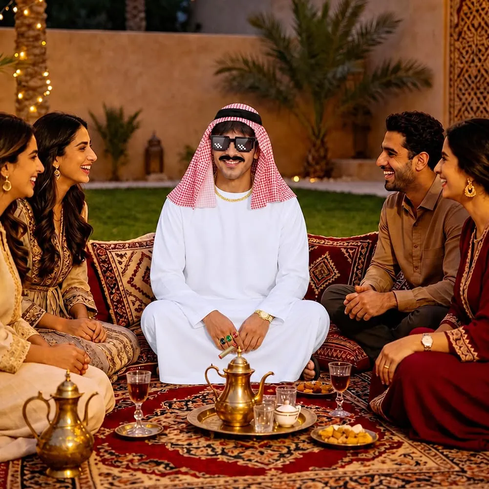 BSBUY Costume da Sceicco Arabo da Uomo, Set da 16 Pezzi, Bianco - immagine 4