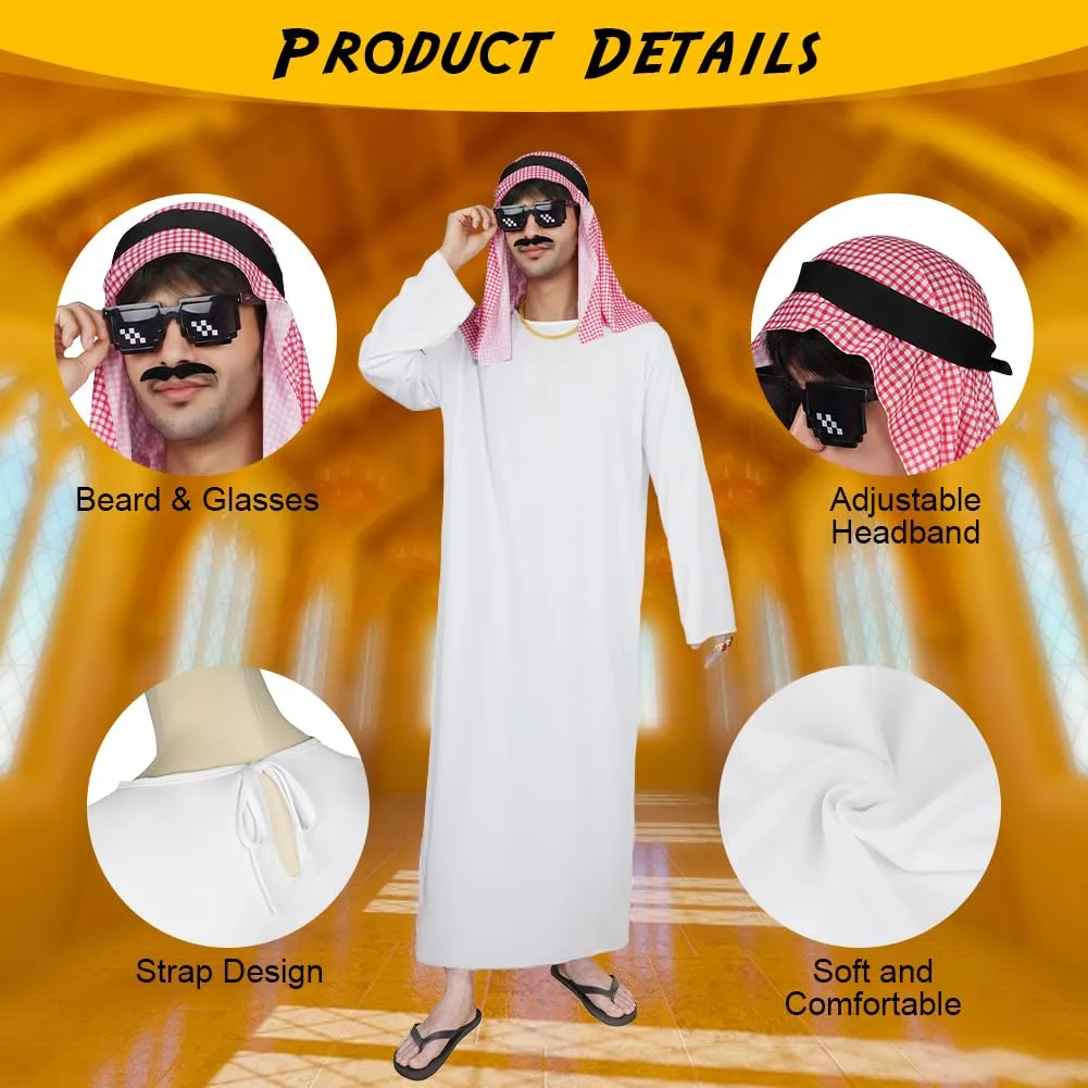 BSBUY Costume da Sceicco Arabo da Uomo, Set da 16 Pezzi, Bianco - immagine 6