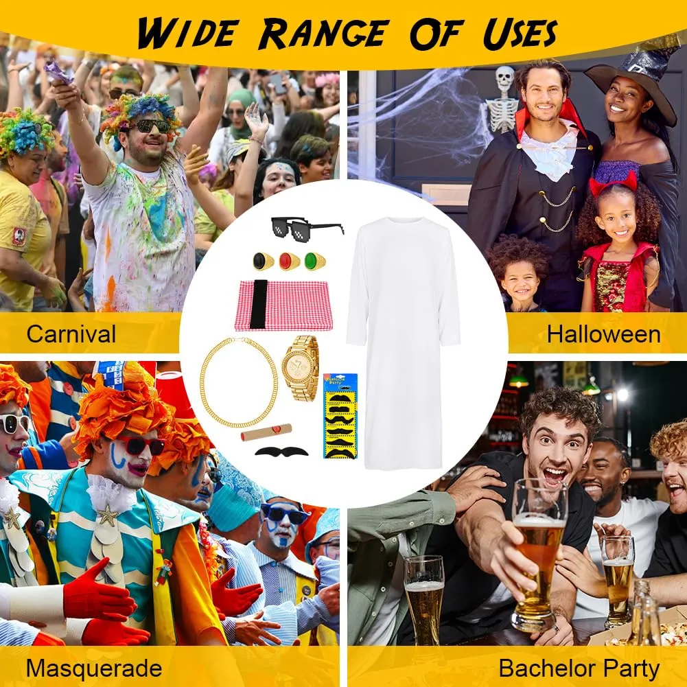 BSBUY Costume da Sceicco Arabo da Uomo, Set da 16 Pezzi, Bianco - immagine 7