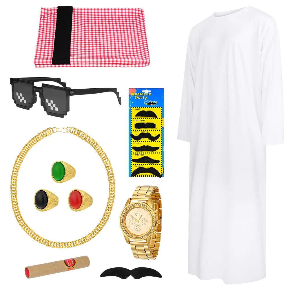BSBUY Costume da Sceicco Arabo da Uomo, Set da 16 Pezzi, Bianco - immagine 8