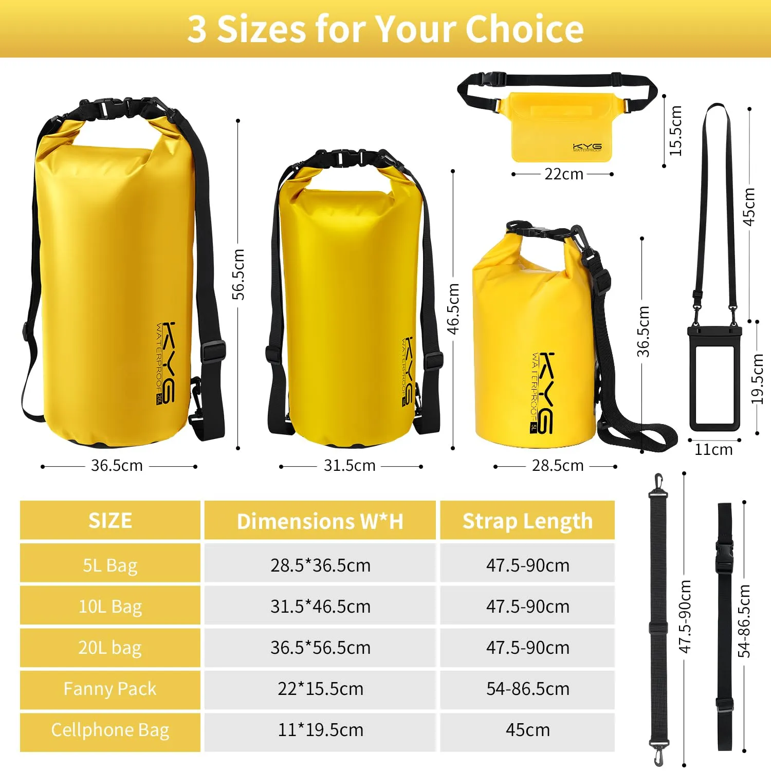 KYG Dry Bag Kit 3 in 1 Impermeabile 20L Giallo con Marsupio e Custodia per Cellulare - immagine 2