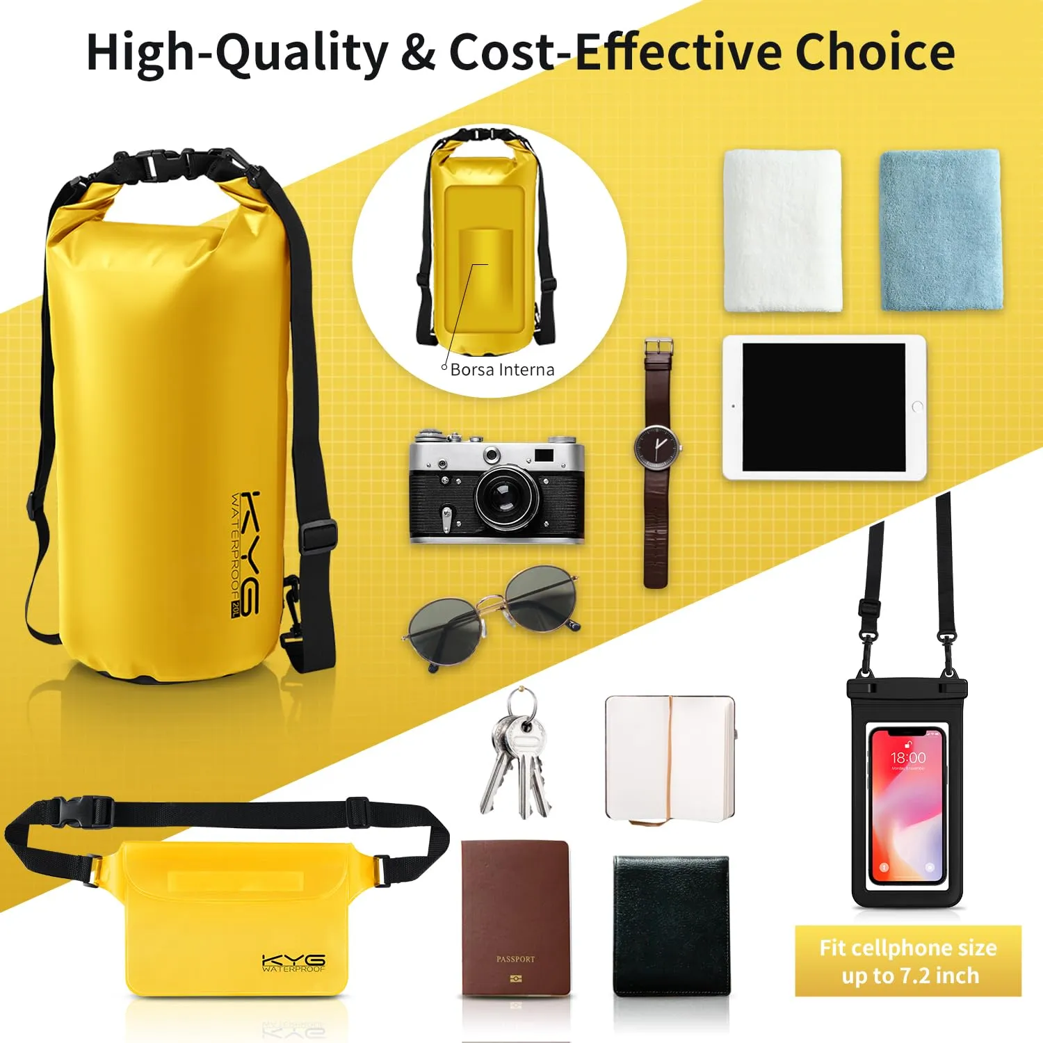 KYG Dry Bag Kit 3 in 1 Impermeabile 20L Giallo con Marsupio e Custodia per Cellulare - immagine 6