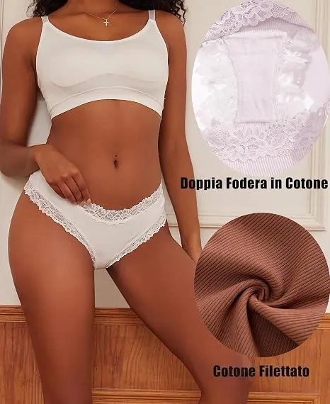 ALL OF SHE Biancheria Intima da Donna in Cotone, Slip Brasiliani e Hipster in Pizzo, 6 Pezzi, Taglia S - immagine 4