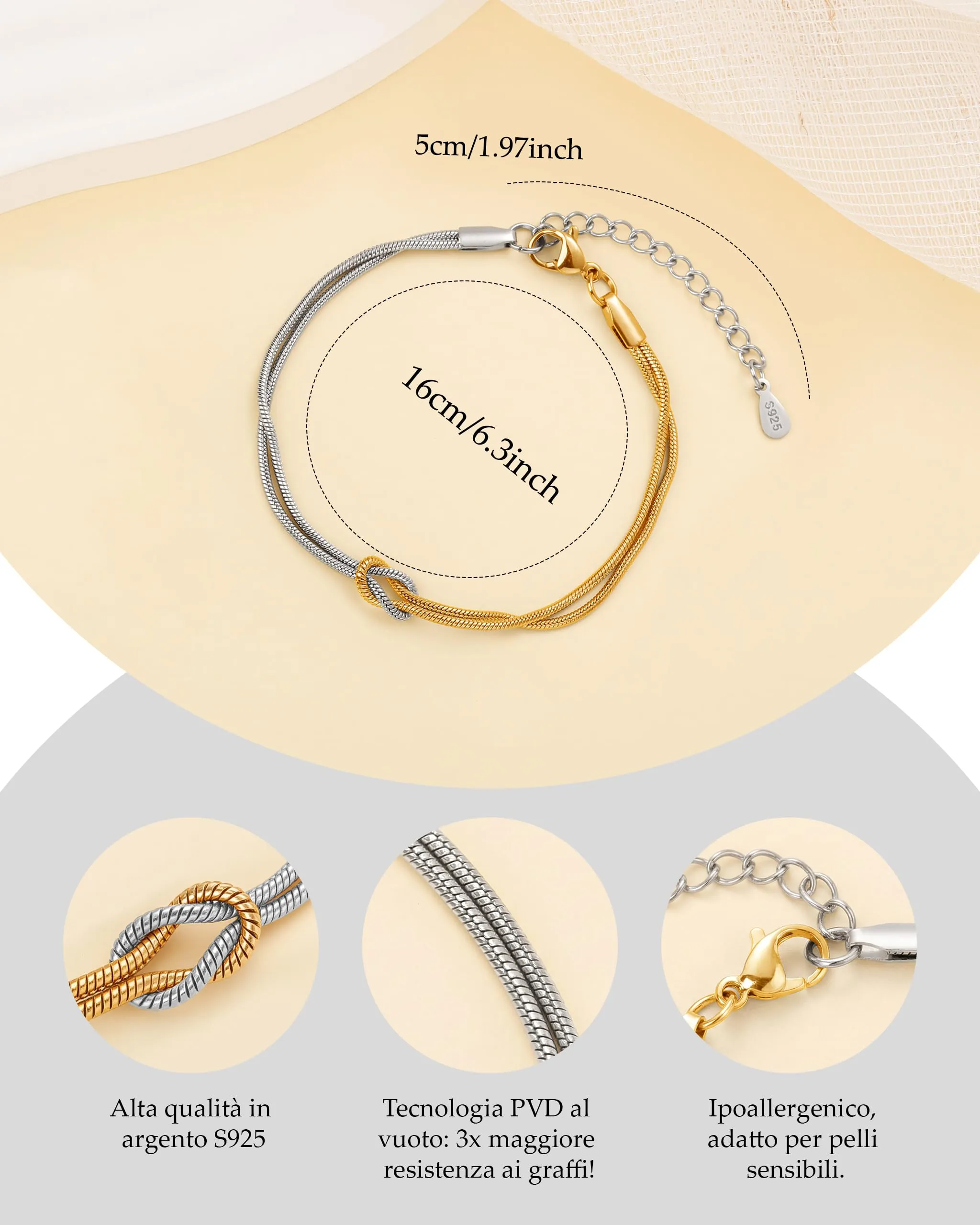 J.Fée Bracciale Nodo d'Amore in Argento 925, Dorato, 21cm - immagine 5