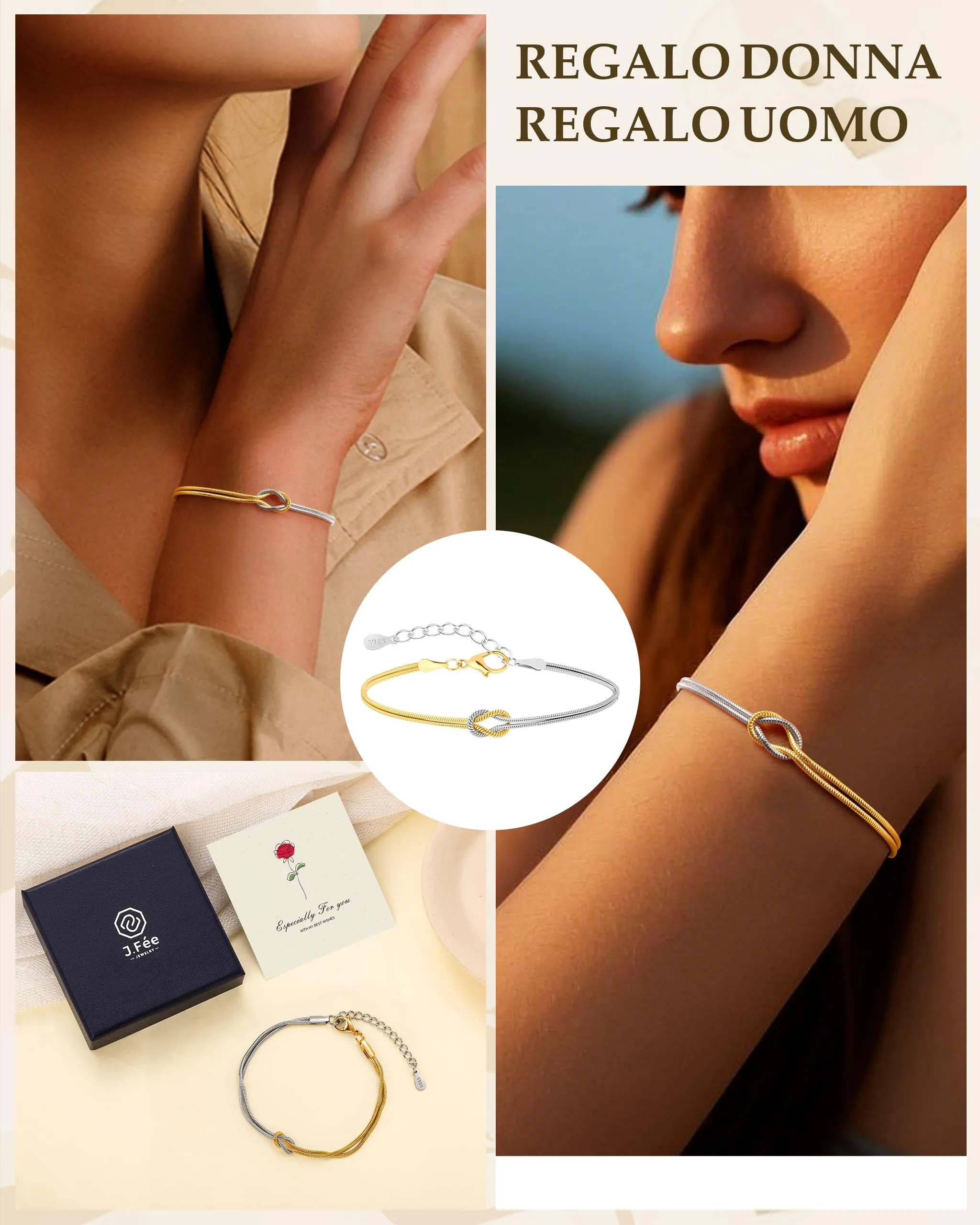 J.Fée Bracciale Nodo d'Amore in Argento 925, Dorato, 21cm - immagine 6