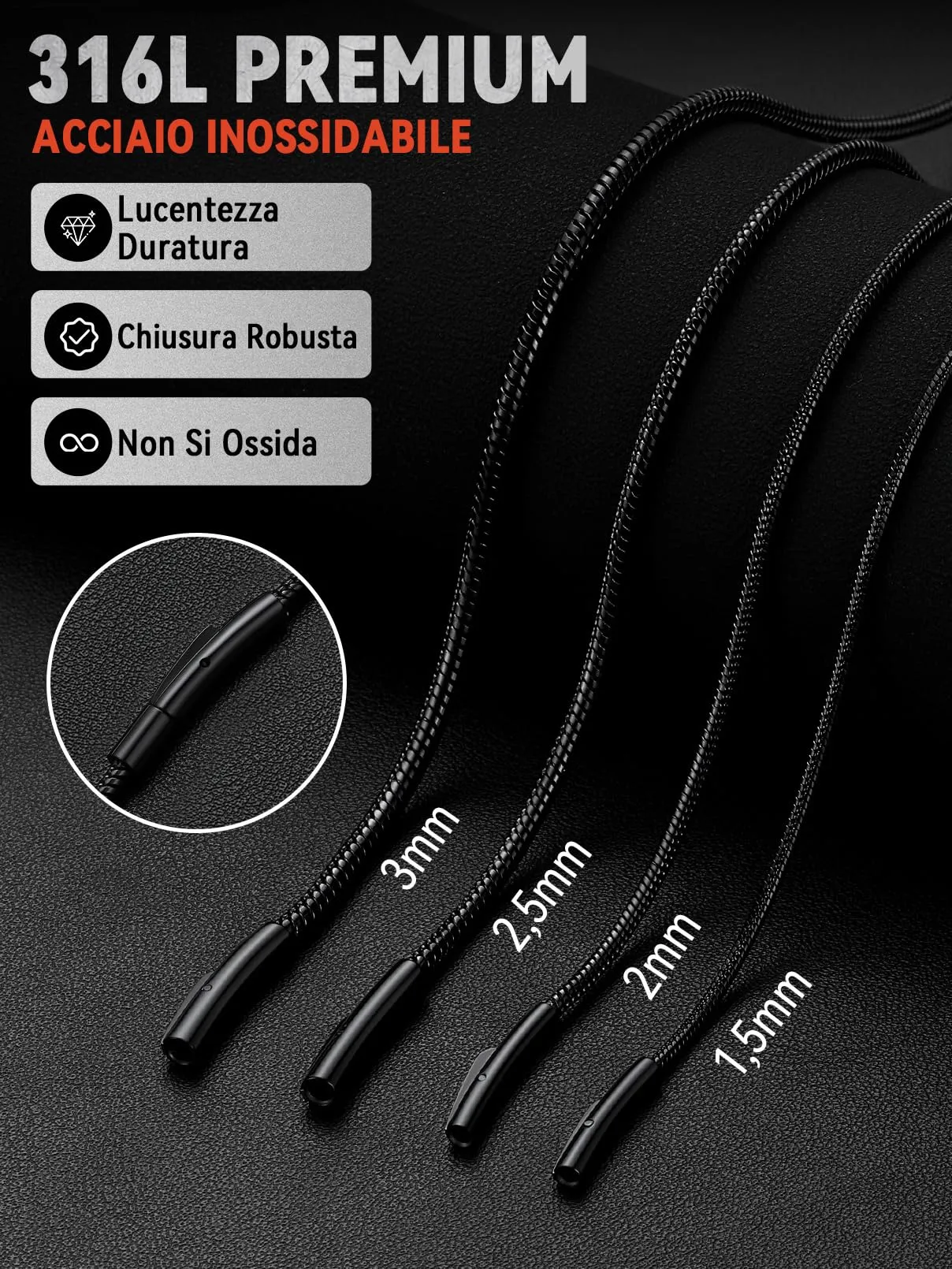 FaithHeart Collana Uomo Catena Serpente in Acciaio Inossidabile 2 mm Nero - immagine 9
