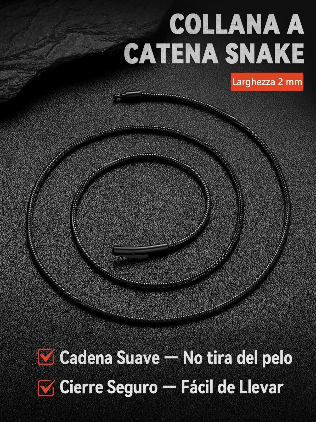 FaithHeart Collana Uomo Catena Serpente in Acciaio Inossidabile 2 mm 50 cm Nero - immagine 3