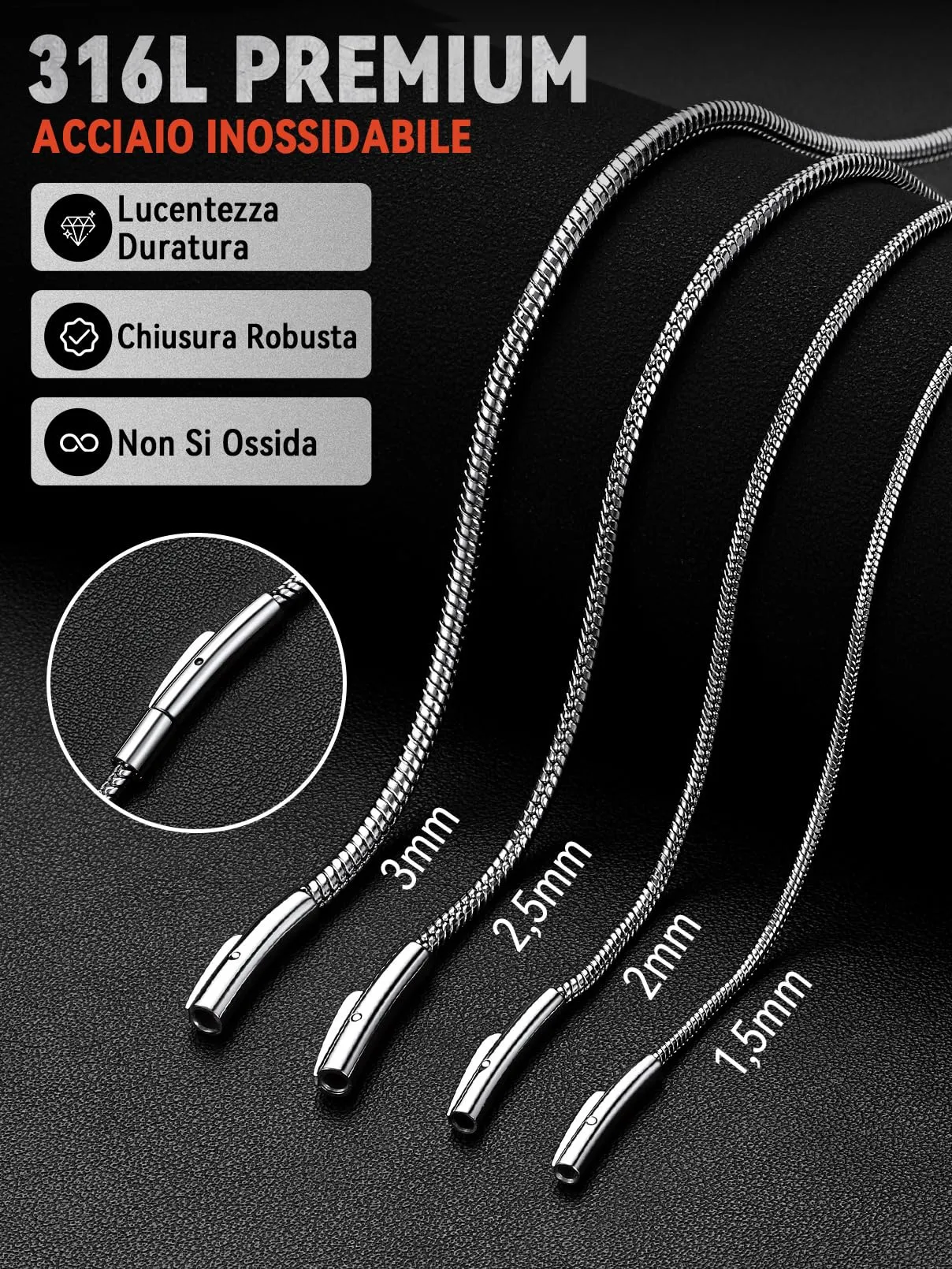 FaithHeart Collana Uomo Catena Serpente in Acciaio Inossidabile 2mm 60cm Argento - immagine 3