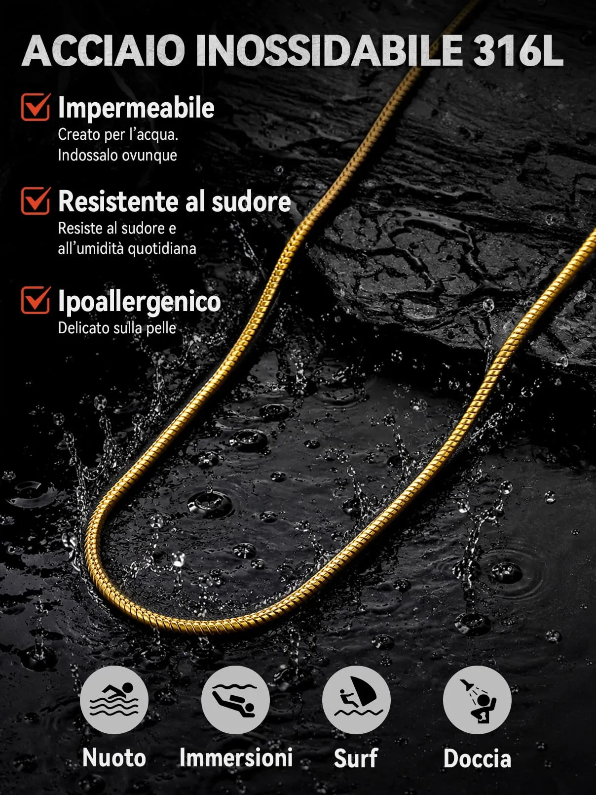 FaithHeart Collana Uomo Catena Serpente in Acciaio Inossidabile 2 mm - immagine 3